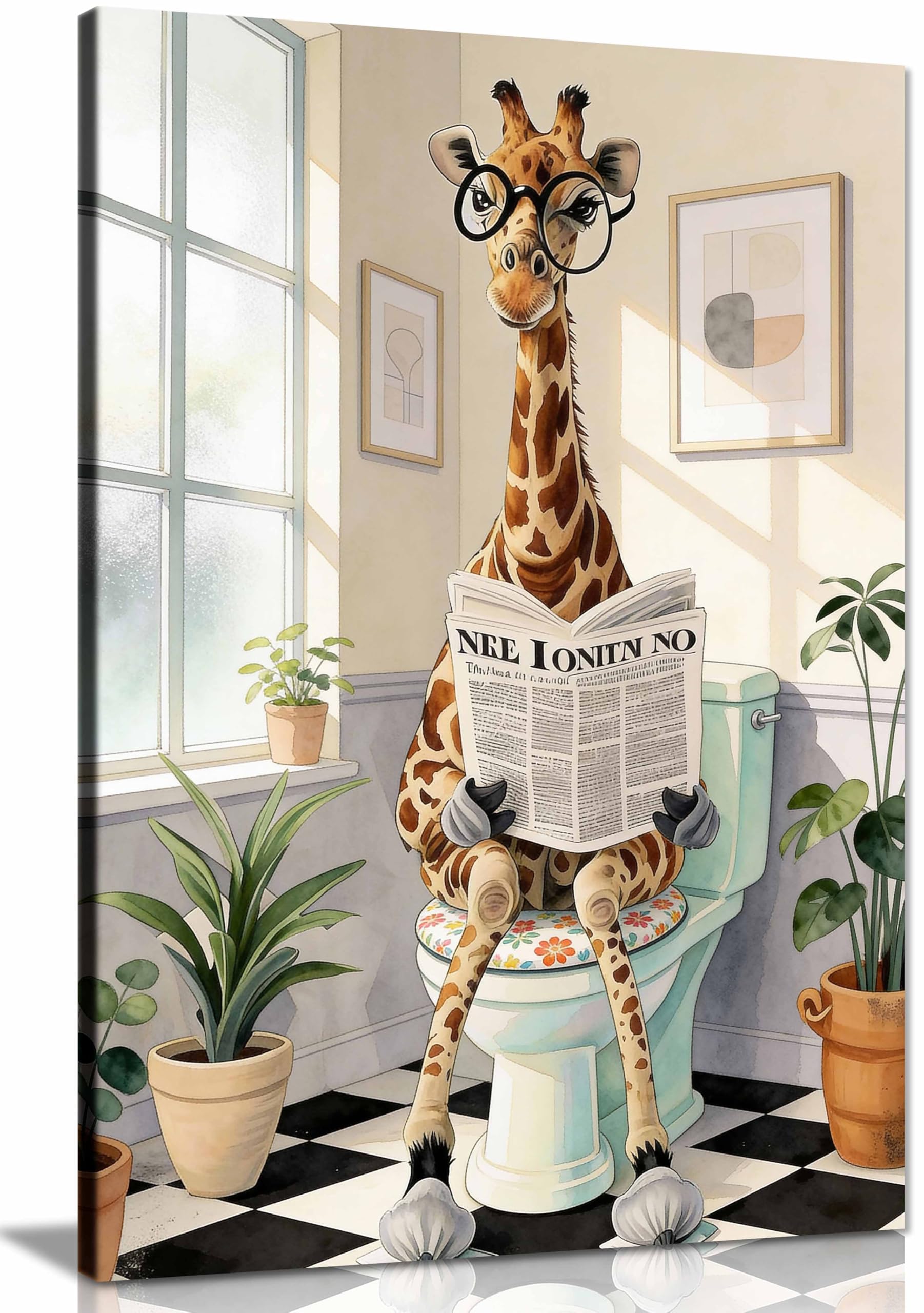 Panther Print Framed Canvas Wall Art Funny Giraffe Toilet Print – Artwork For Bathroom Pictures And Decor, Print, Pictures For Home Walls, Bedroom, Living Room & Bathroom Decor 91X61cm (36X24in)