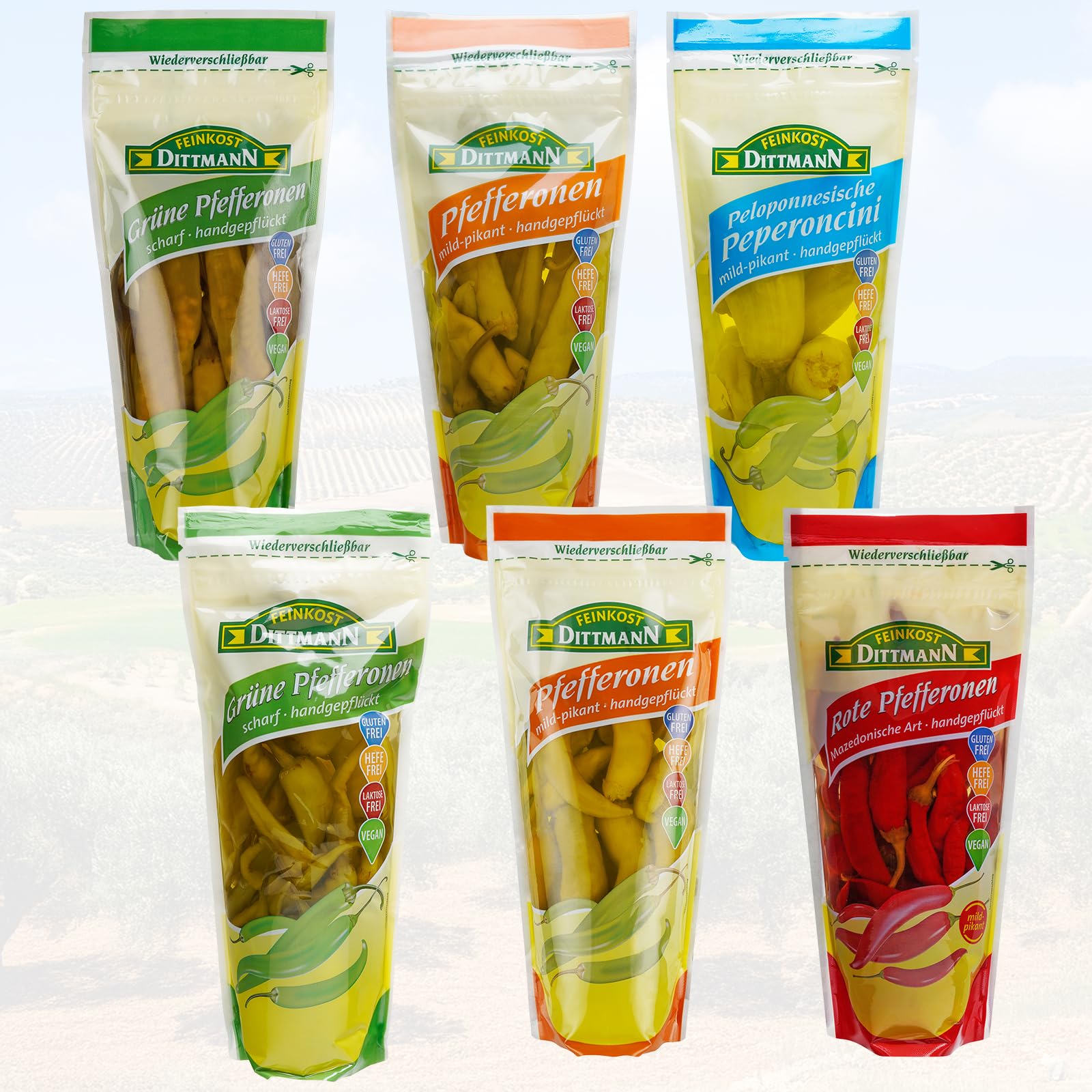Feinkost Dittmann Grüne Pfefferonen mild pikant 6x1kg - Grüne Paprikafrucht aus Griechenland