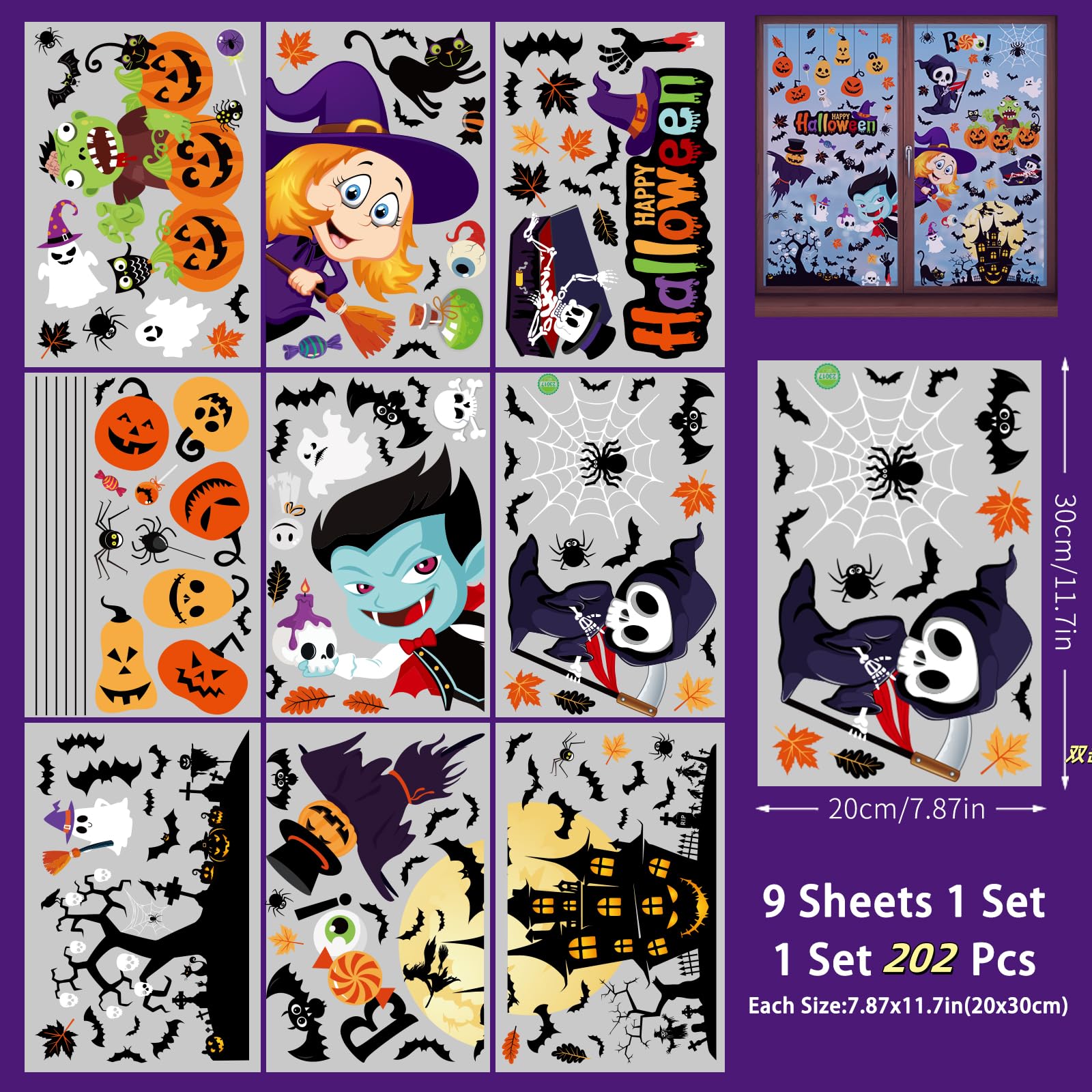 9 Hojas De Calcomanías De Halloween Para Ventana, Calcomanías Decorativas Para Vidrio, Lindos Adhesivos De Halloween Para Ventana De Fiesta