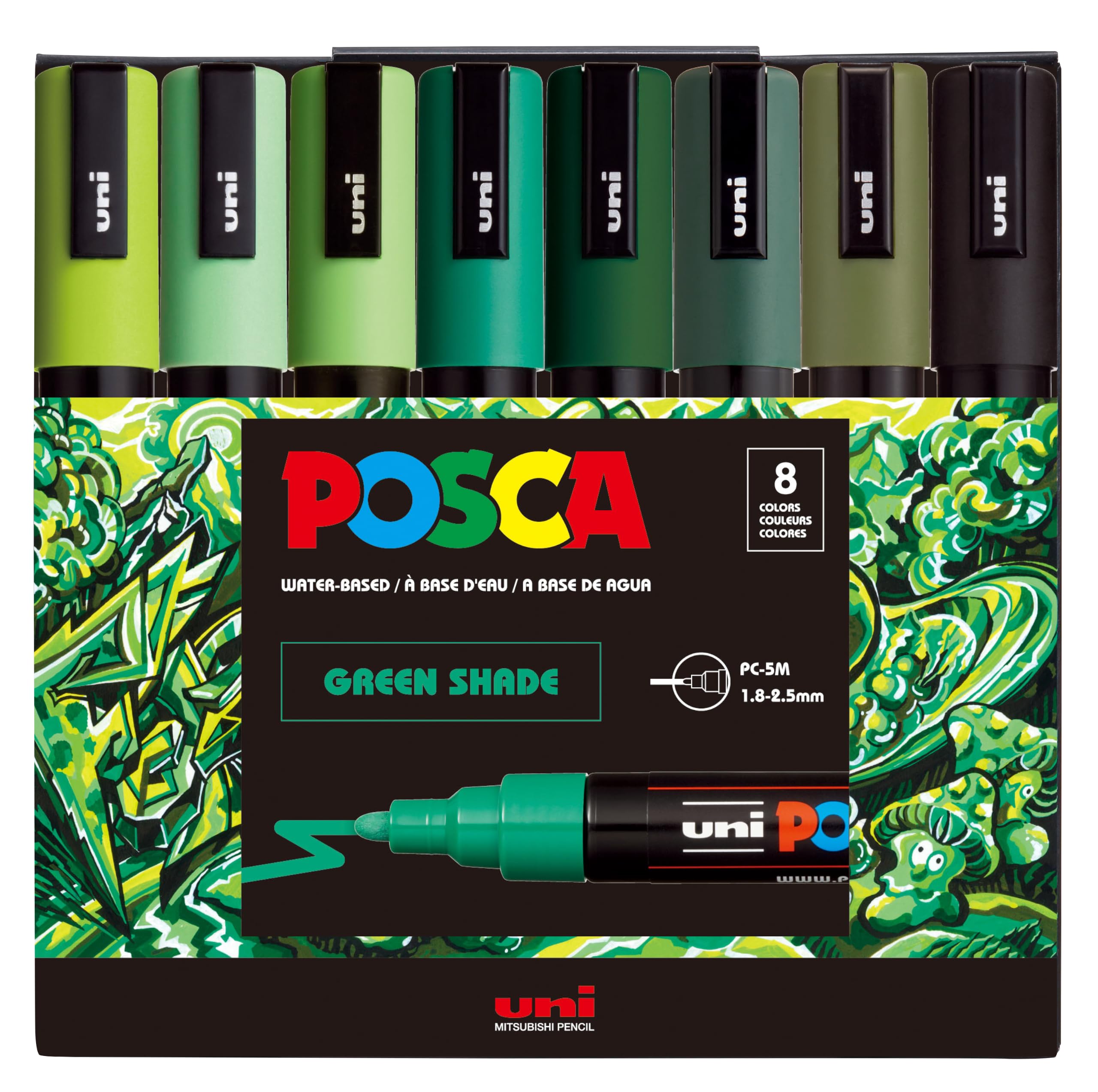 PC-5M Water-Based Paint Markers, Medium Reversible Tip (1.8–2.5 mm), 8 Count Green Shade Colors