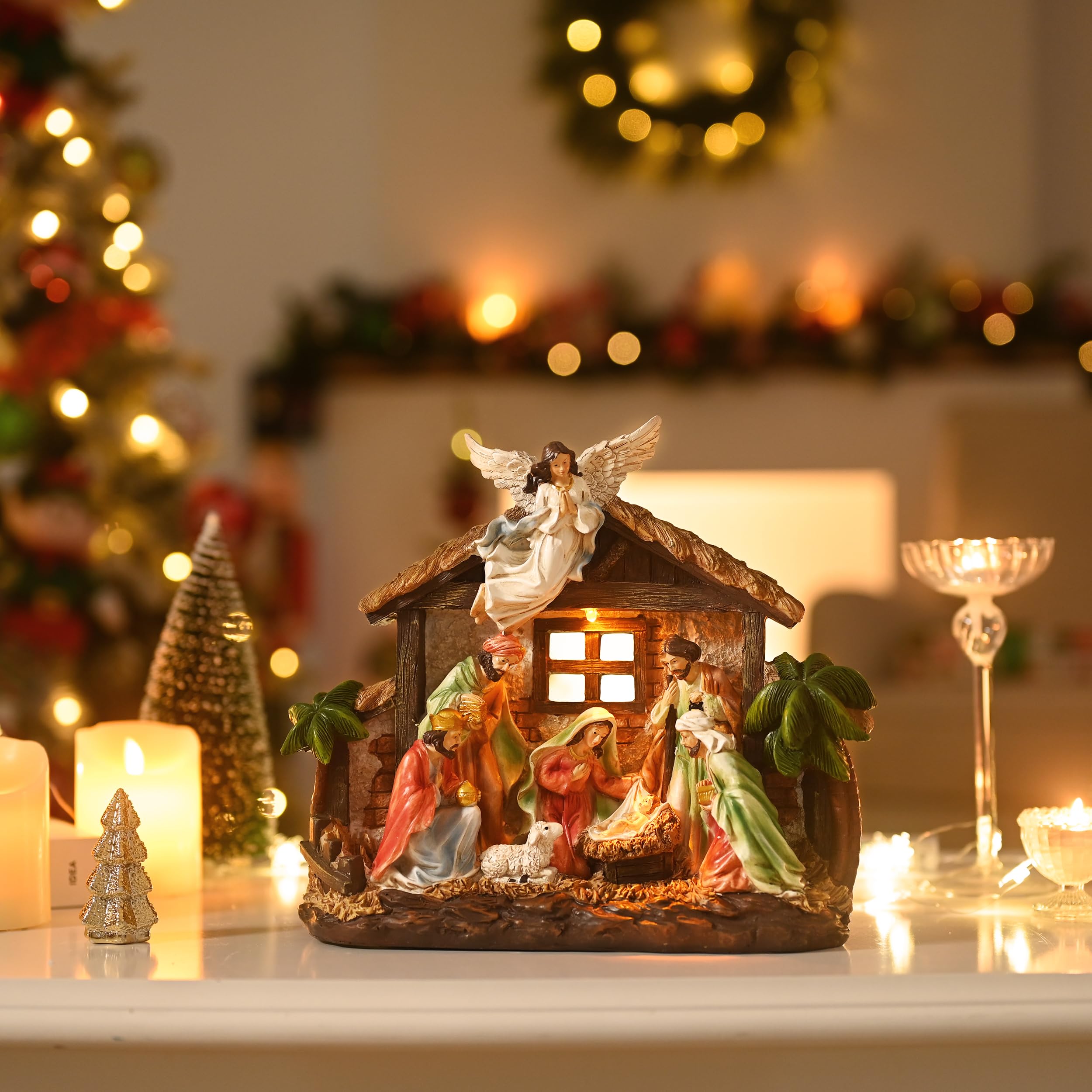 Valery Madelyn Figurines de crèche de Noël avec lumières LED - Grande crèche de Noël - Rouge, vert et blanc - Mangeoire en résine pour Noël, intérieur, maison, table, cheminée, décorations de