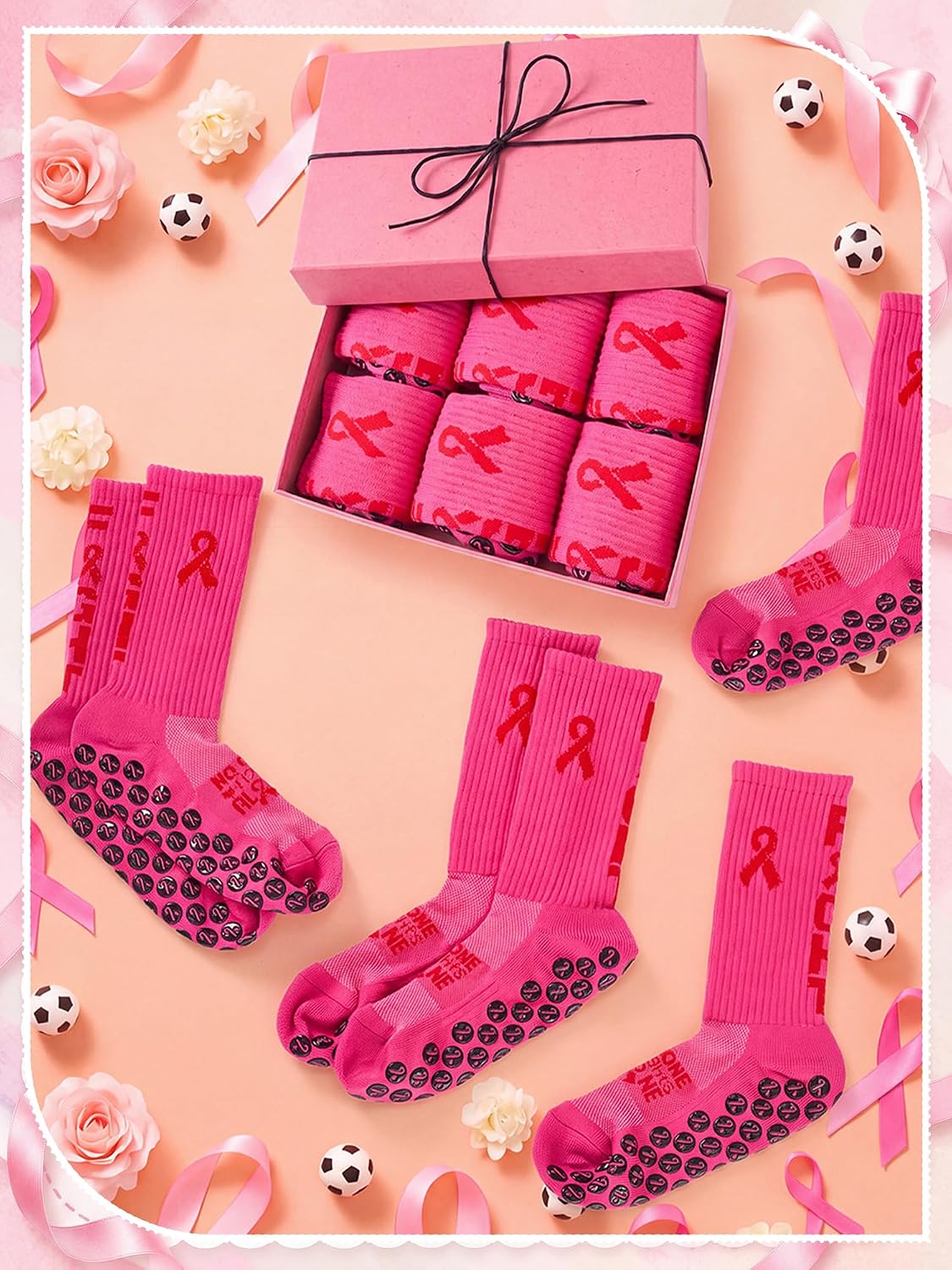 Chicingyou Breast Cancer Awareness Football Socks for Men Women Pink Ribbon Non Slip Crew Socks for Football Volleyball Sport