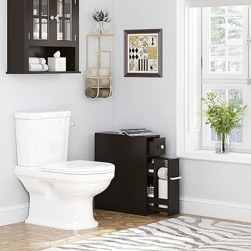 Miniatura 4 de Spirich Gabinete de almacenamiento de baño delgado para el hogar, soporte de papel higiénico independiente, cajón deslizante para gabinete de baño,