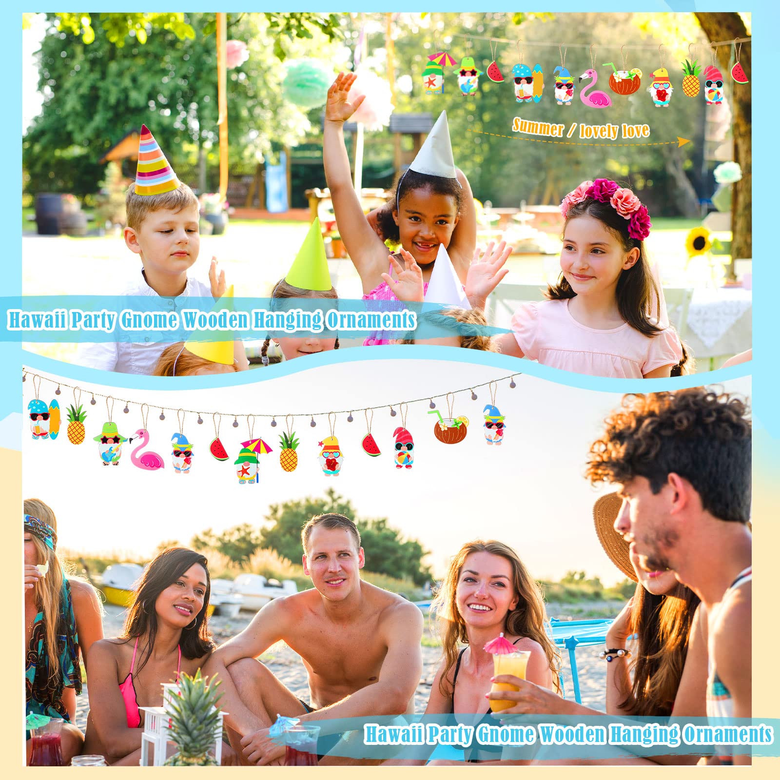 60 Pieces Summer Wood Hanging Ornament Gnome Wooden Ornaments Summer Tree Tags Luau Wooden Slices Gnome Pendants Elf Wooden Decorations with Rope for Summer Tropical Beaches Party(Summer)