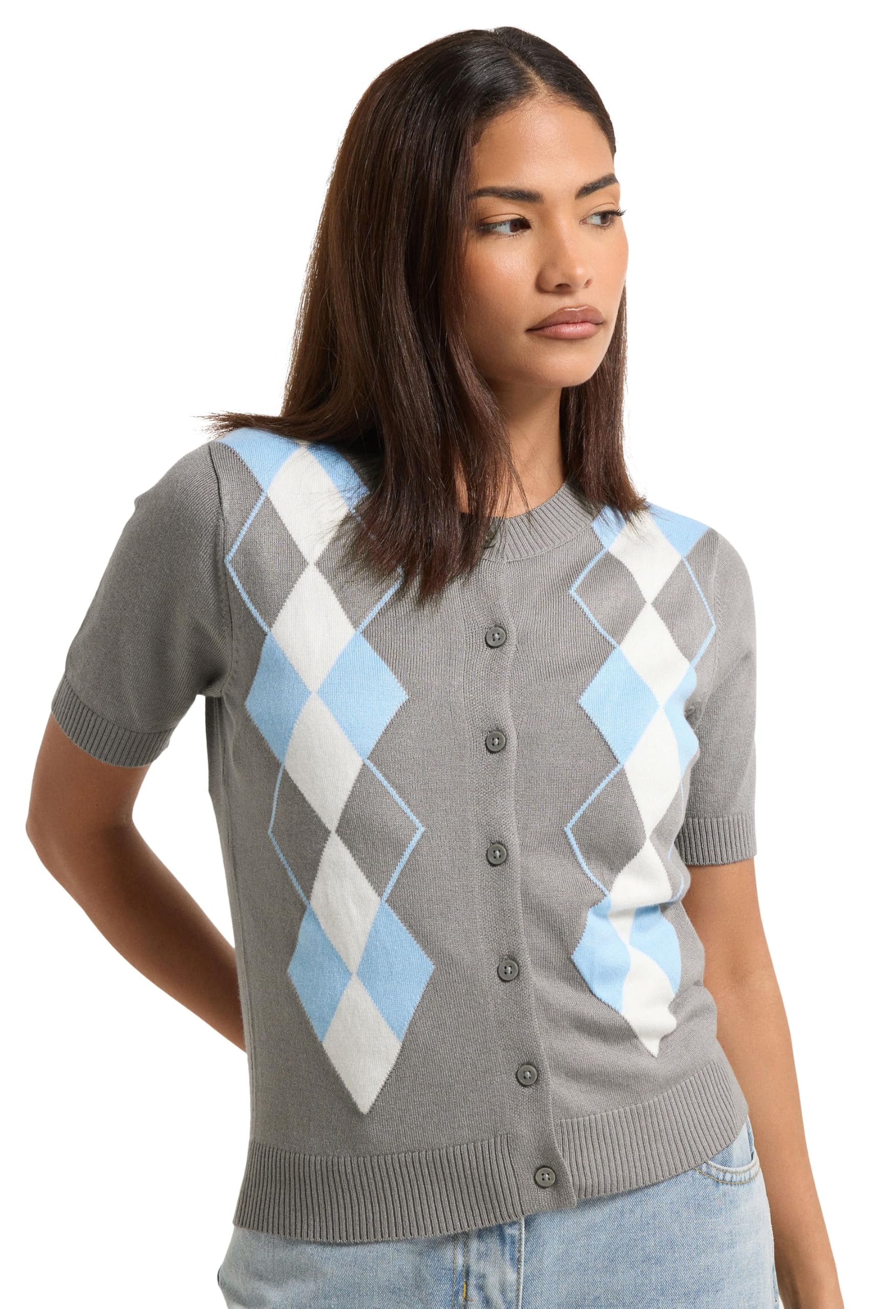 PixieGirl Petite Grey Argyle Cardigan Petite