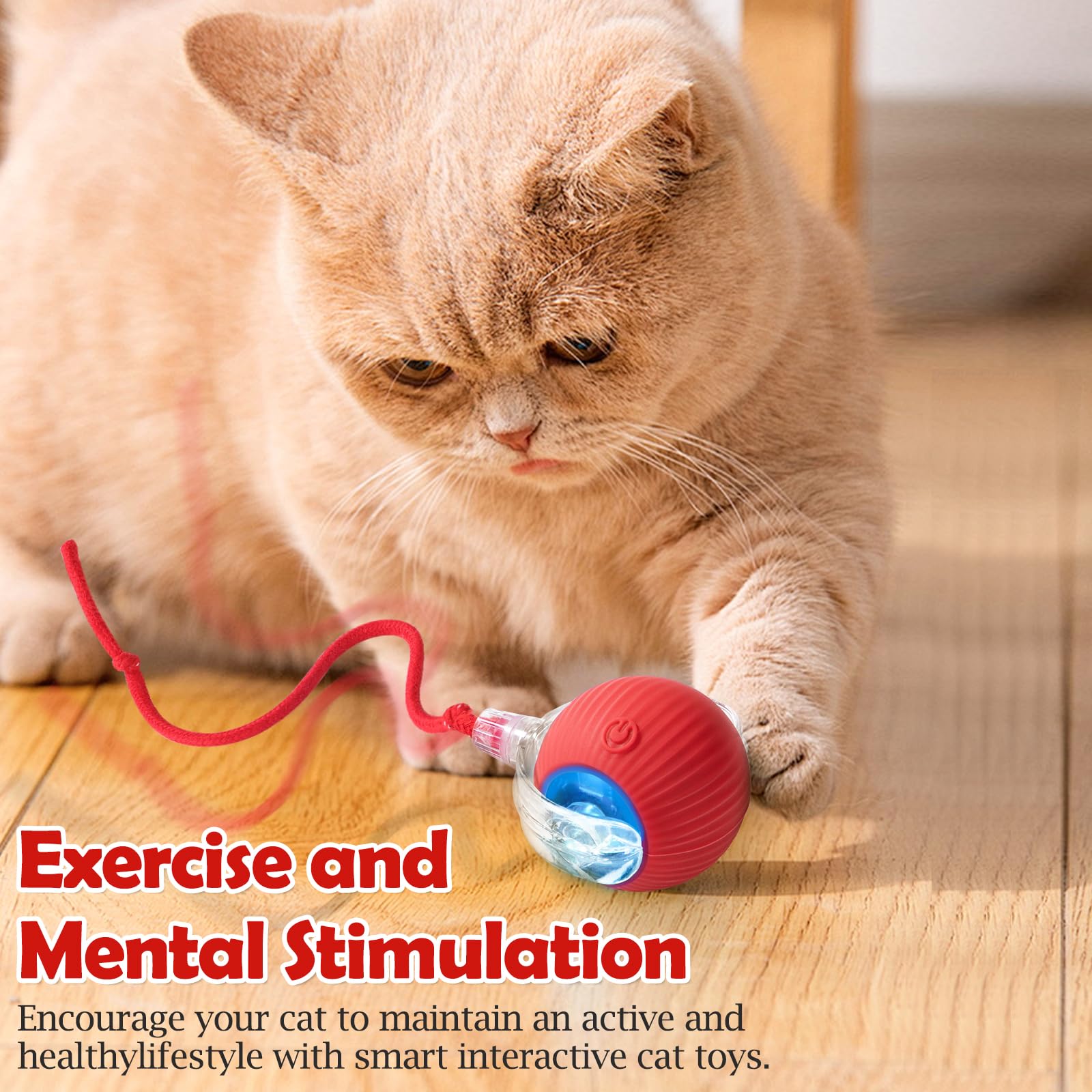 Wodine Interactive Cat Toy - Cat Toys For Indoor Cats Smart Silicone Rolling Ball With Tail,Bird Sound,Obstacle Avoidance And Motion Activated,Kitten Puzzle Toys (Red) 1