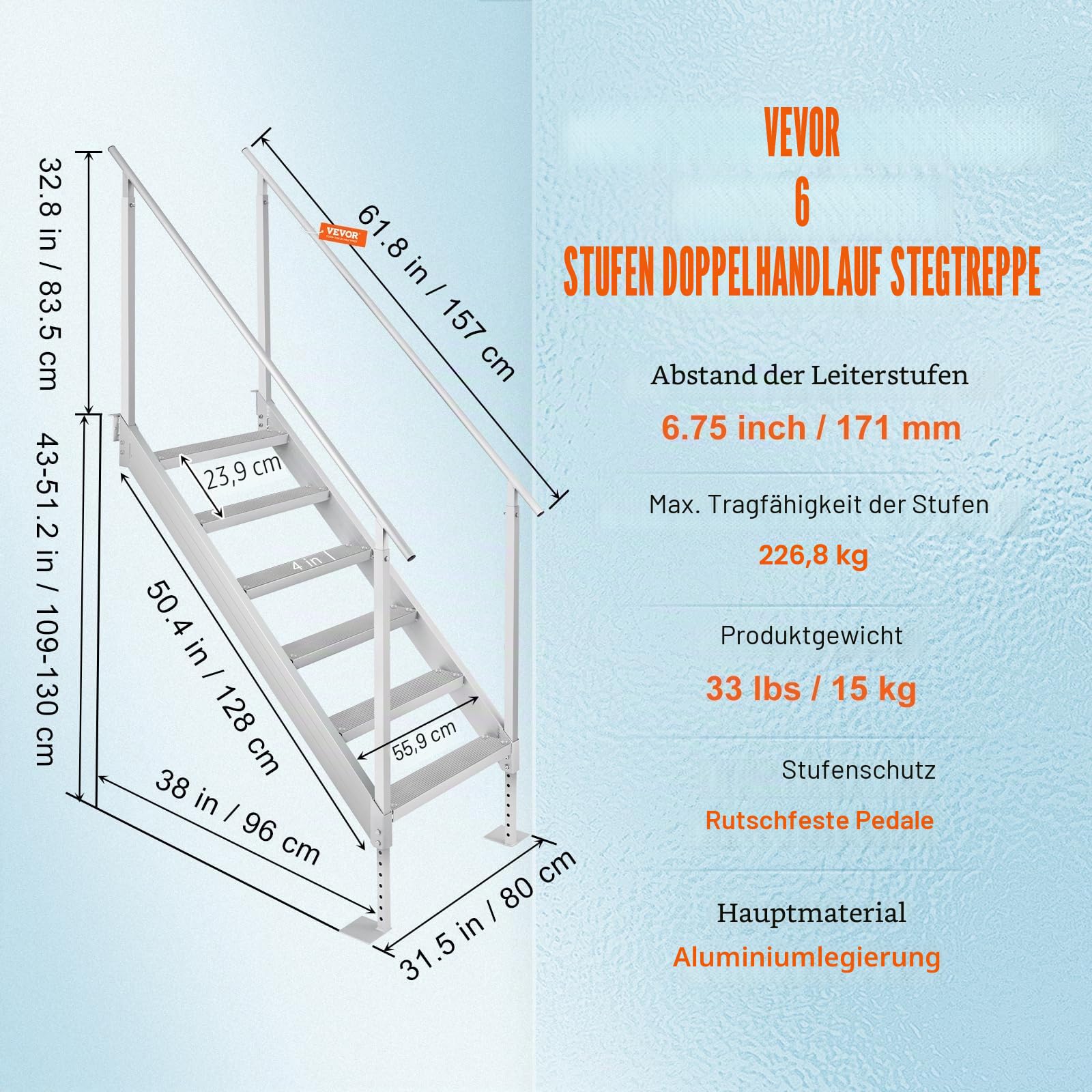 VEVOR 6-stufige Badeleiter mit Zwei Handläufen Bootsleiter 800x1850x2092mm Poolleiter aus Aluminiumlegierung Treppenleiter 250kg Tragfähigkeit 10cm Pedale Ideal für Häfen Boot Schwimmbäder