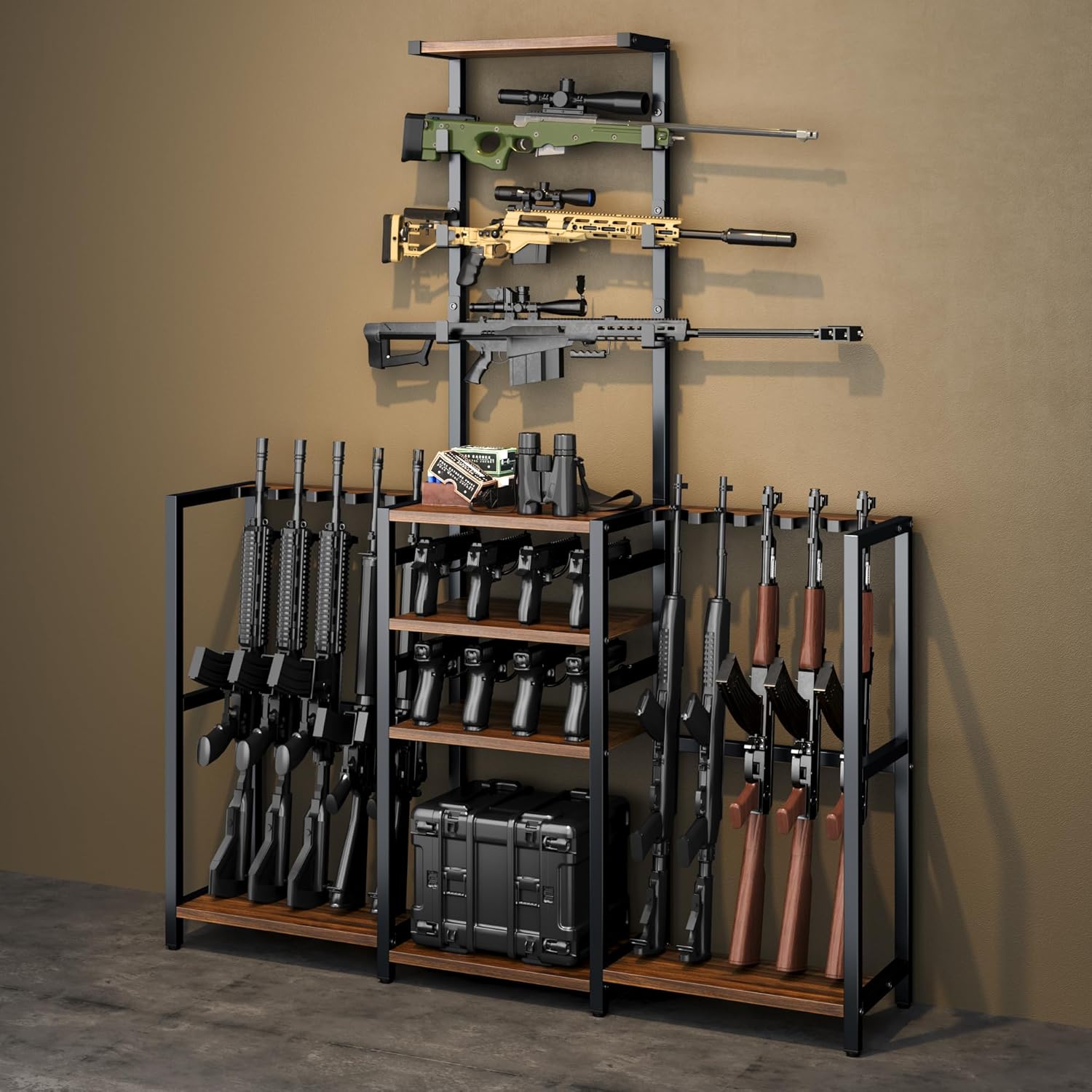 68" Tall Gun Rack, Indoor Gun Racks for Floor Standing Gun Display Stand, Rustic Wooden Gun Stand with Soft Padding and Pistol Holder, Holds up 13 Long Guns and 8 Handguns(Brown, 53.3" L)