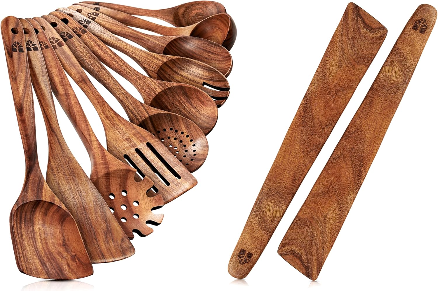 12 Inch Teak Wood Spatula Set of 2, Wooden Spoons for Cooking Set of 10 - Spatulas for Flipping, Scraping & Turning - Wooden Utensil Set for Nonstick Pans & Cookware