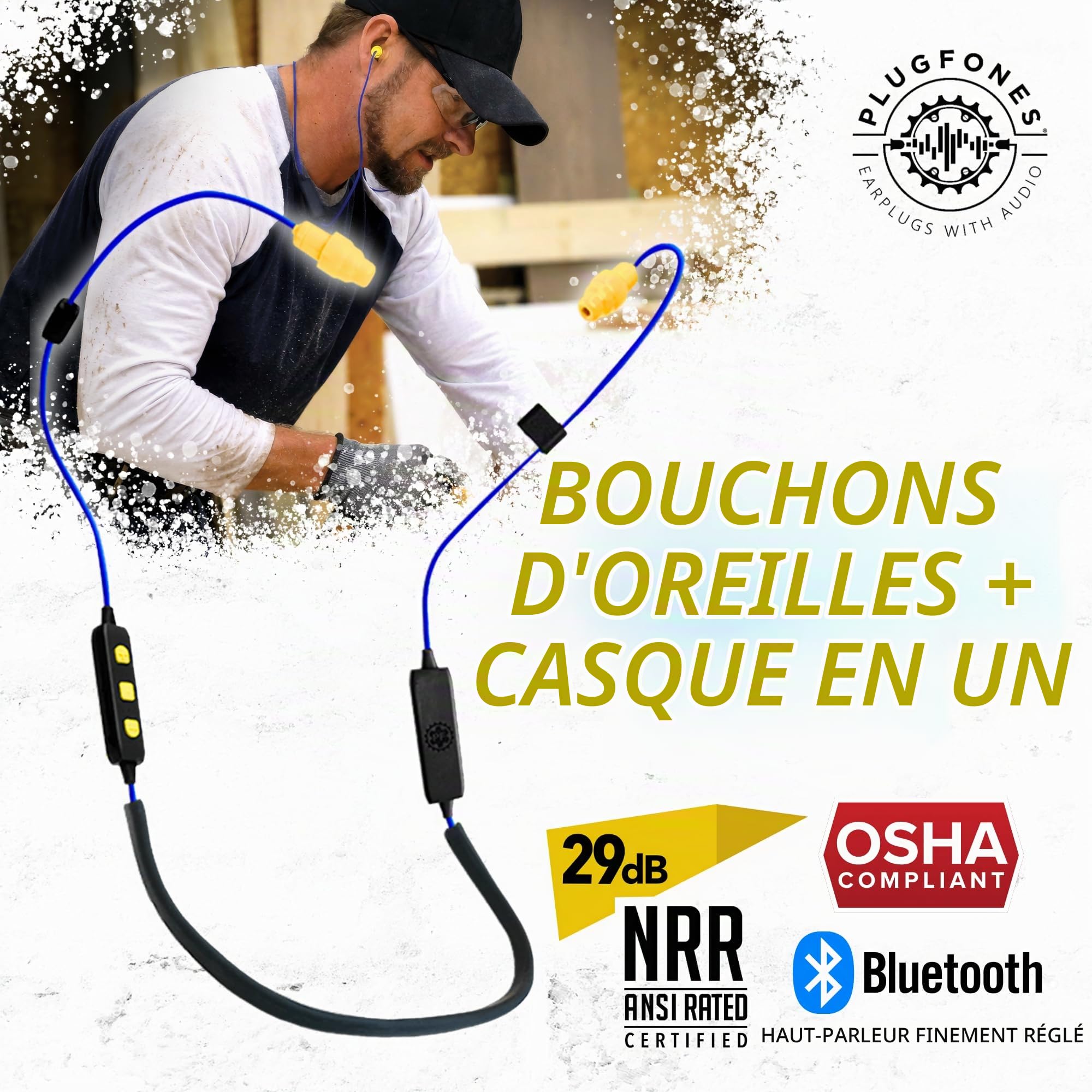 Plugfones Liberate 2.0 Écouteurs Intra-Auriculaires Bluetooth sans Fil - 29NRR - Réduction du Bruit - Microphone et Commandes à Isolation phonique (Bleu et Jaune)