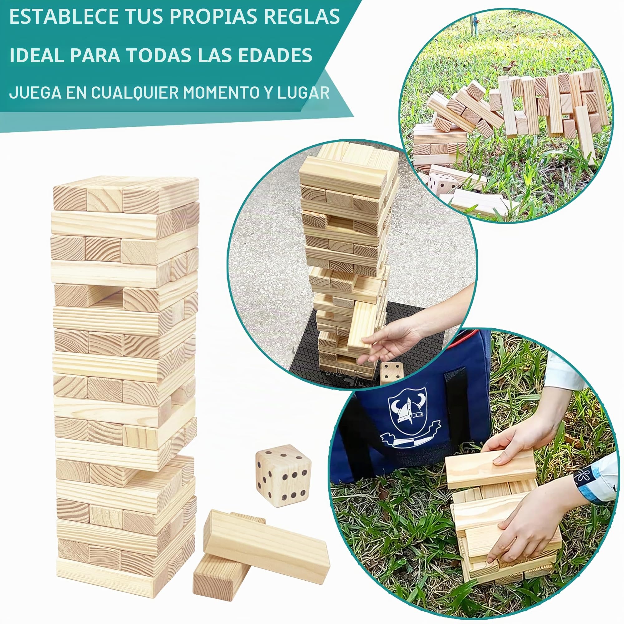 Juego de torre de madera jumbo con dados y bolsa de transporte, juegos clásicos de apilamiento, 54 bloques de construcción para interiores y exteriores (hasta más de 150 cm)