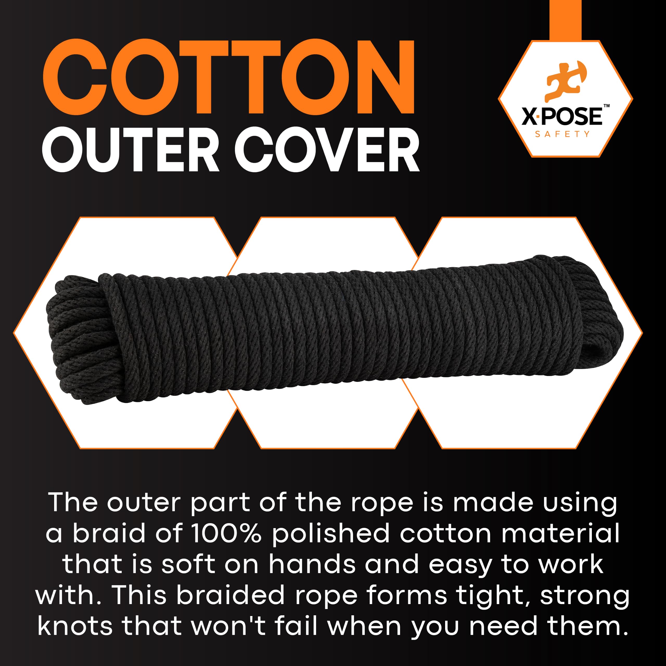 Cuerda de algodón y nailon, cuerda de 3/16 pulgadas x 100 pies, cuerda de algodón negro con núcleo de nailon, cuerda de ventana, cuerda de tendedero, cordón de baja elasticidad, línea sintética con