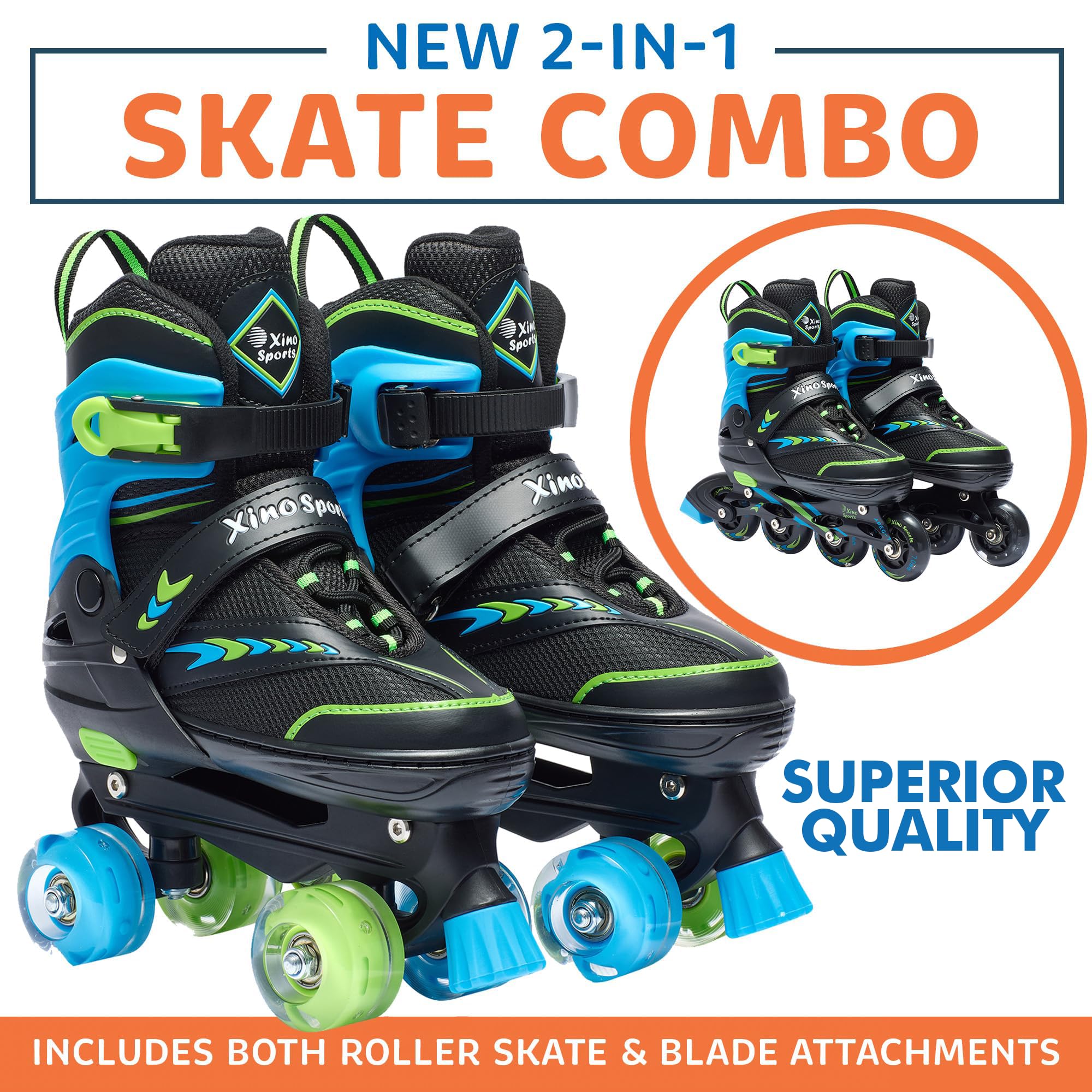 Xino Sports 2 in 1 Adjustable Combo Skates - Illuminating LED Light-Up Wheels, Interchangeable Skates, Perfect for Boys and Girls, for Indoor and Outdoor Use, Fun and Durable (Green, Medium - 1-4)