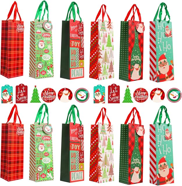 VEYLIN Bottle Gift Bags, 12 Pack Colorful Christmas Wine Gift Bag with Handle and 12 Tags for Winter Holiday Party Decoration