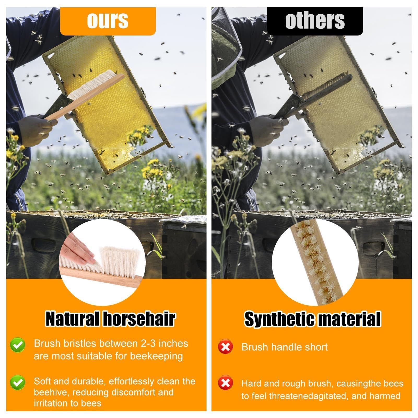 Brosse d'apiculture | 40 x 7,6 x 1 cm | Outil de Nettoyage de Ruche avec poignée en Bois Naturel en CRIN de Cheval pour Hommes, Femmes, débutants