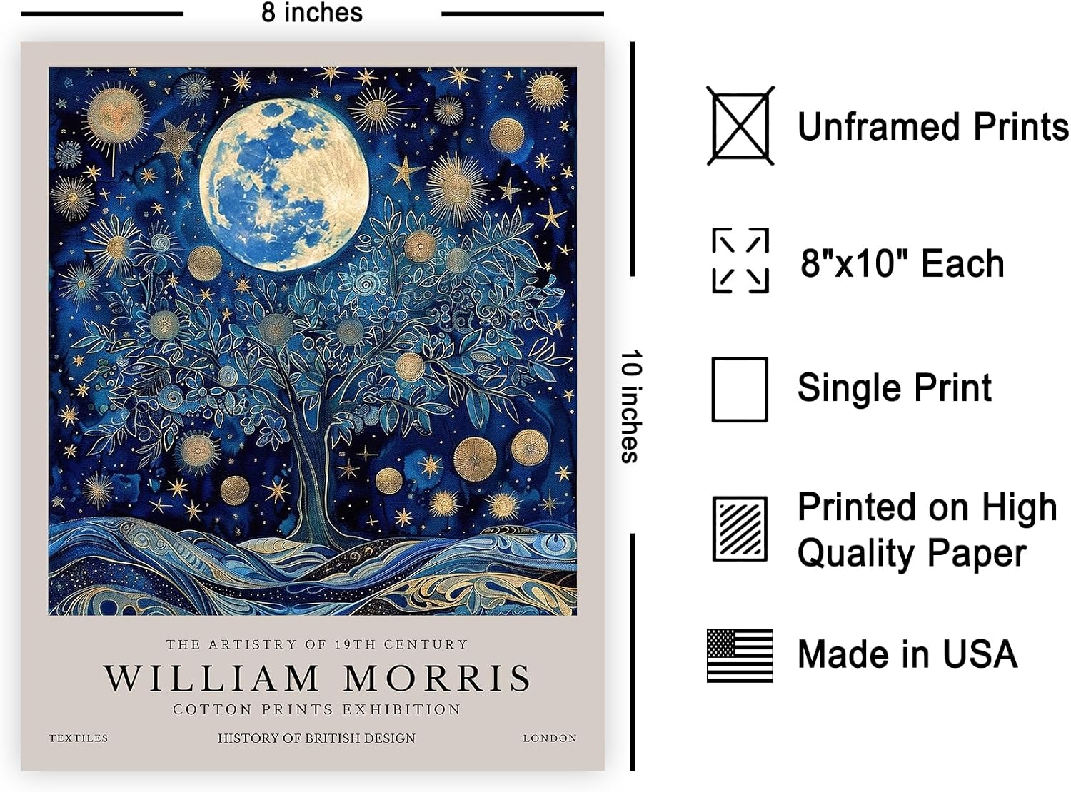 Poster Master William Morris Poster - Moon and Stars Print - Tree of Life Art - Botanical Art - Exhibition Design - Flower Illustration - Floral Design - Aesthetic Bedroom or Office Decor - 8x10 UNFRAMED