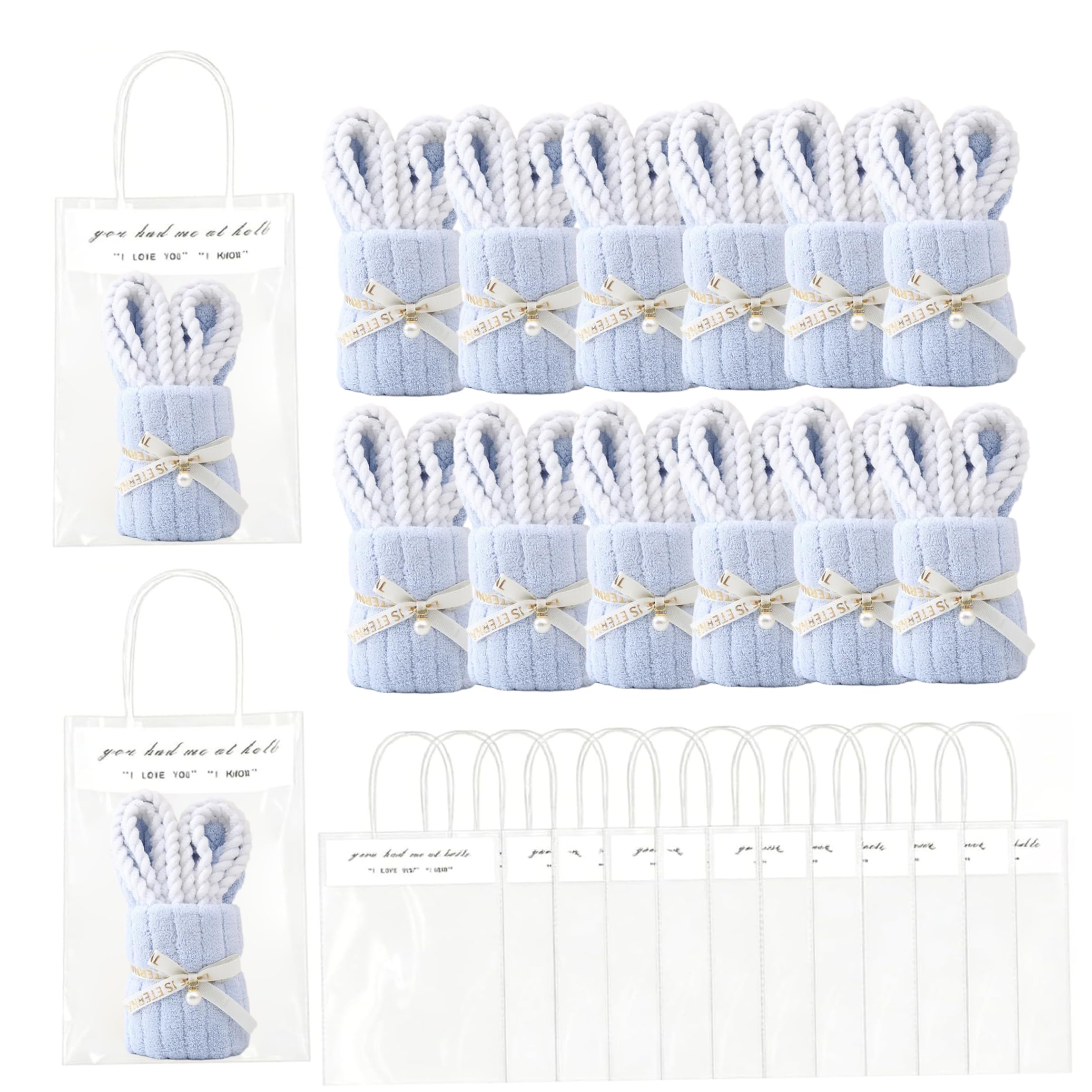 Pineeseatile 12 Set Bunny Baby Shower Favors Coral Fleece Bunny Towels with Present Bag for Guests, 10x20 Inch, Blue, Baby Shower Favors For Guests