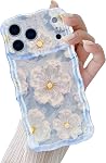 QLTYPRI Cas pour iPhone 14, Laser Colorful Rétro peinture à l'huile motif de fleur Cute Curly Wave Frame Exquise étui de téléphone pour les filles femmes, Shockproof TPU Couverture téléphonique de protection pour iPhone 14 - rose