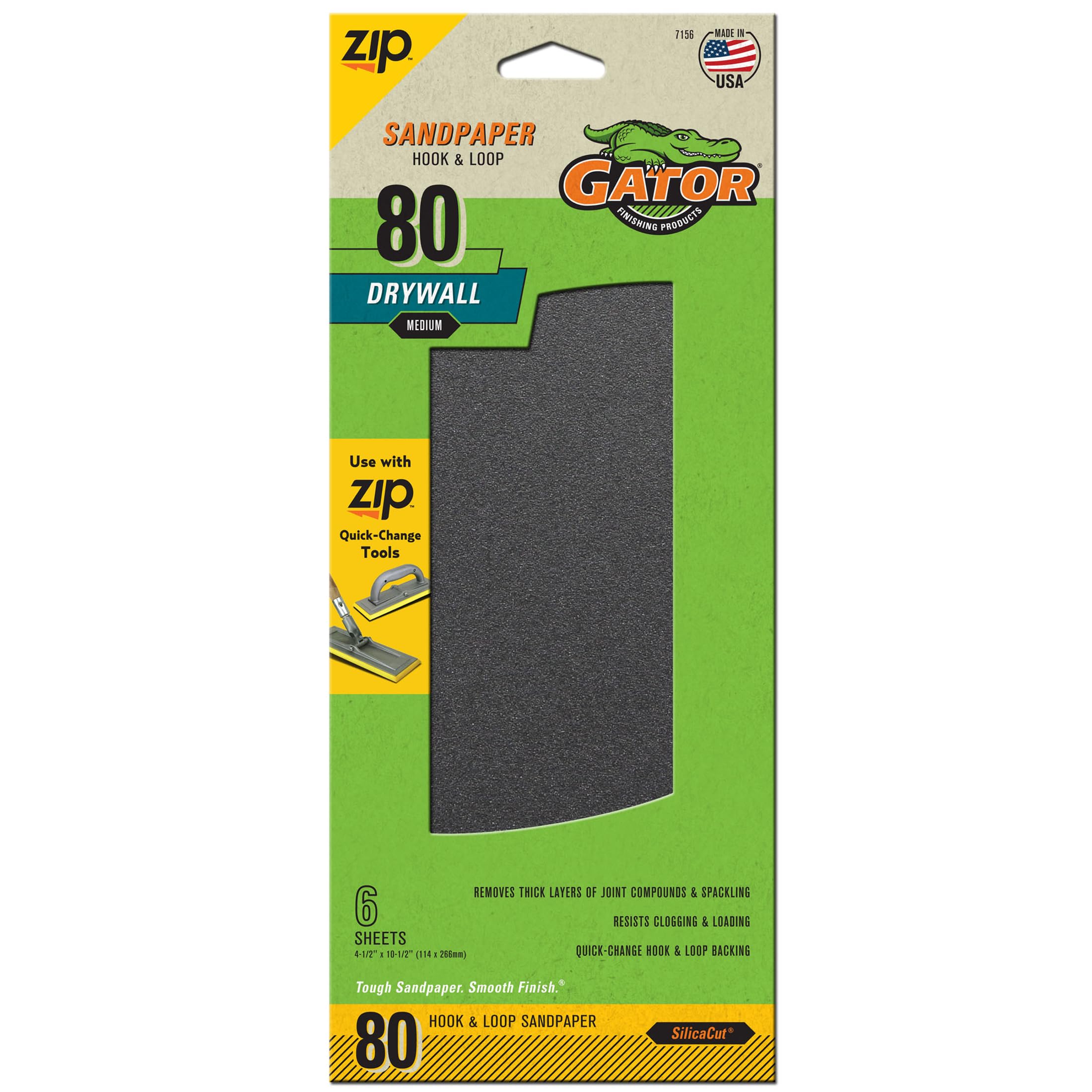 Gator 7156 Hook and Loop Medium 80-Grit Drywall Sheet Sandpaper, 4.5 x 10.5 Inch, 6 Sheets