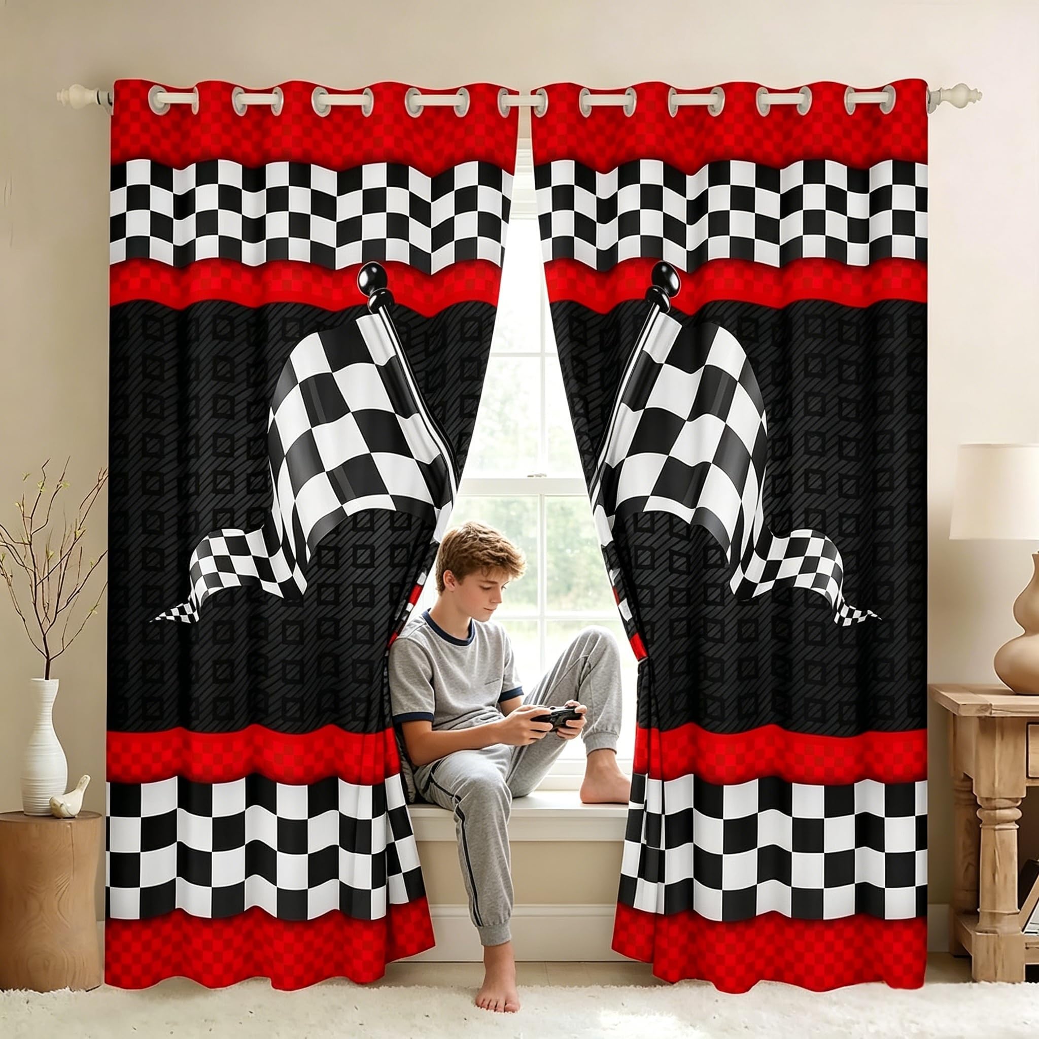 feelingyou Race Car Themed Curtains for Windows,Black White Checkered Flag Curtains for Living Room Bedroom,Red Stripes Geometric Grid Plaid 100% Blackout Drapes 2 Panel Sets,66x90L โ image 1