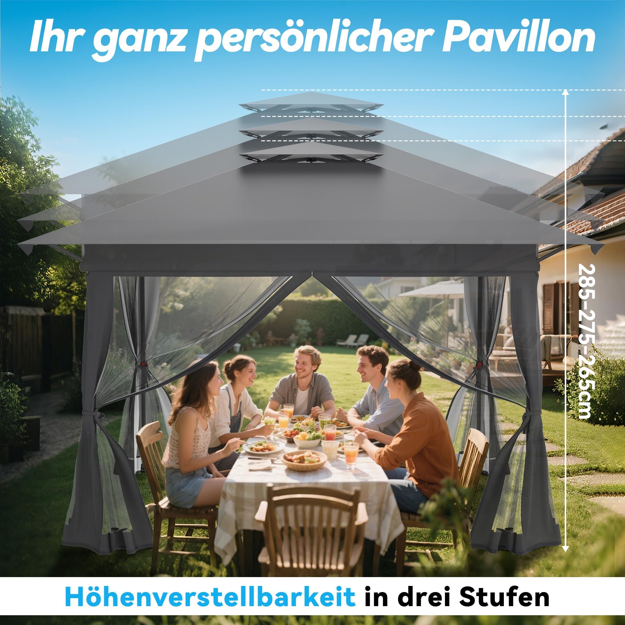 LZQ Tonnelle pliante 4 x 4 m anthracite - Avec double toit - Parties latérales en moustiquaire amovibles - Hauteur réglable - Avec sac de transport, cordes à vent et piquets pour jardin, terrasse et