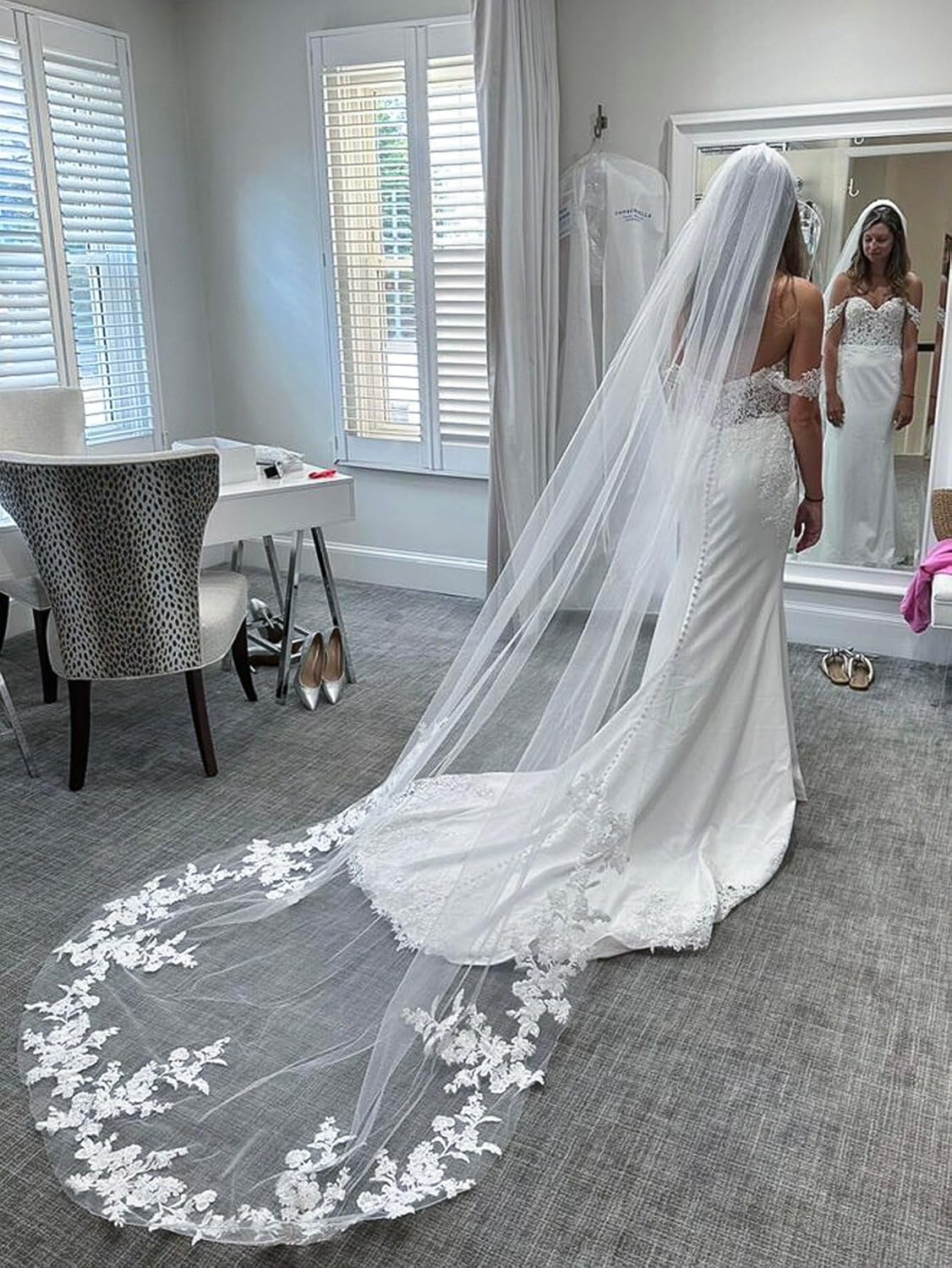 Cathedral Floral Applique Wedding Bridal Veil with Comb for Bride Off White