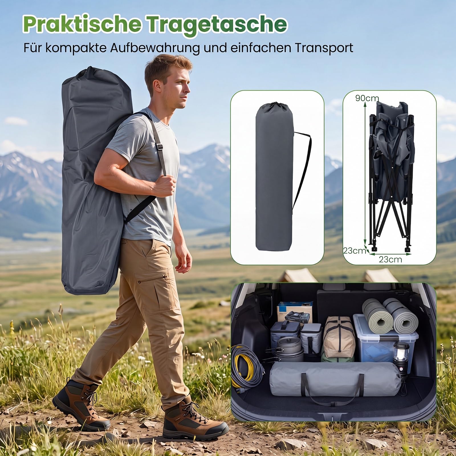 COSTWAY Campingstuhl mit Fußablage, klappbarer Liegestuhl (Grau) | 4-fach verstellbare Rückenlehne, Kopfstütze & Seitentasche, Hochlehner Gartenstuhl, Strandstuhl, Klappstuhl für Camping