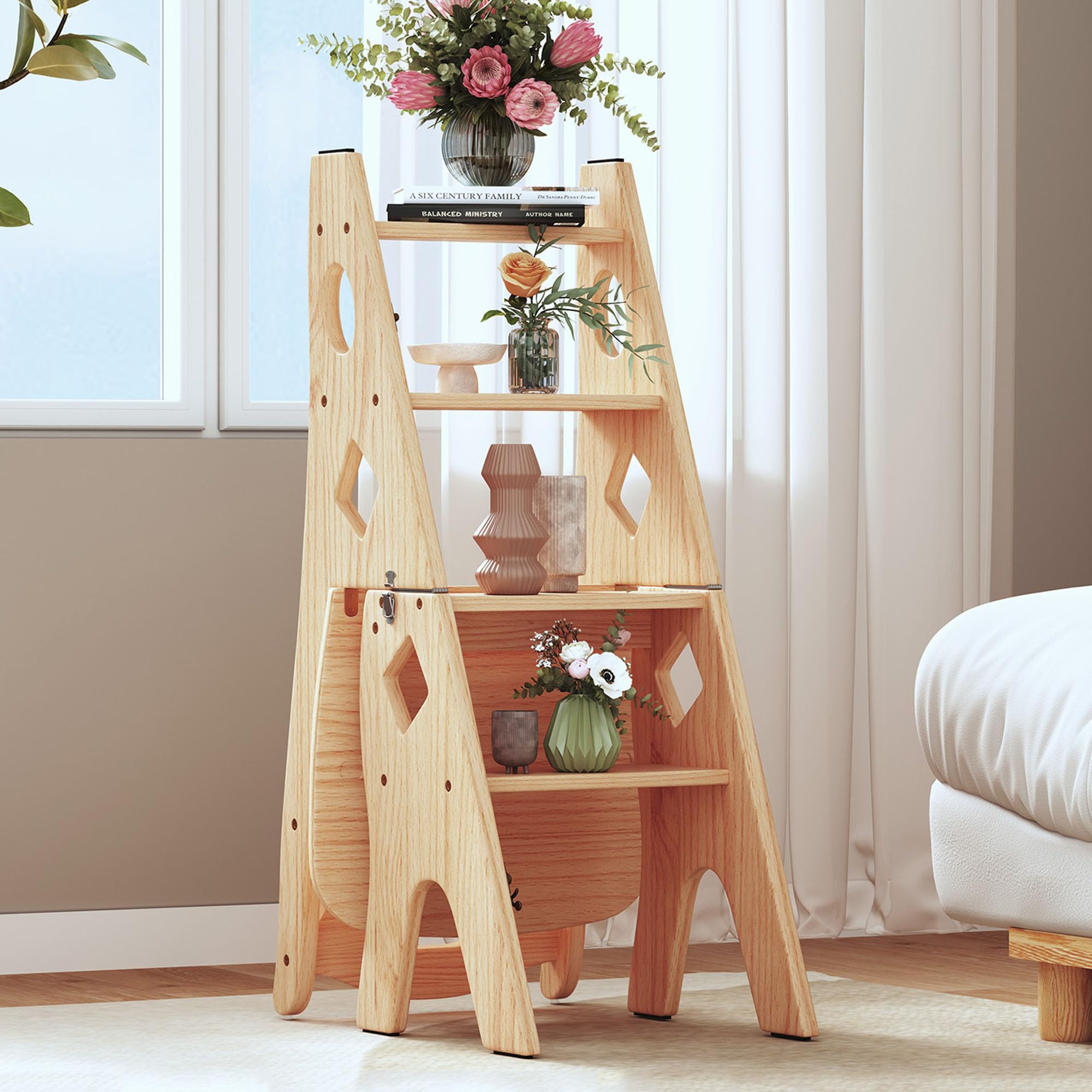 Taburete plegable para biblioteca (4 niveles, hasta 180 kg) | Silla plegable de madera maciza, para escalones, exposición, soporte para flores, madera, 46 x 34 x 87 cm