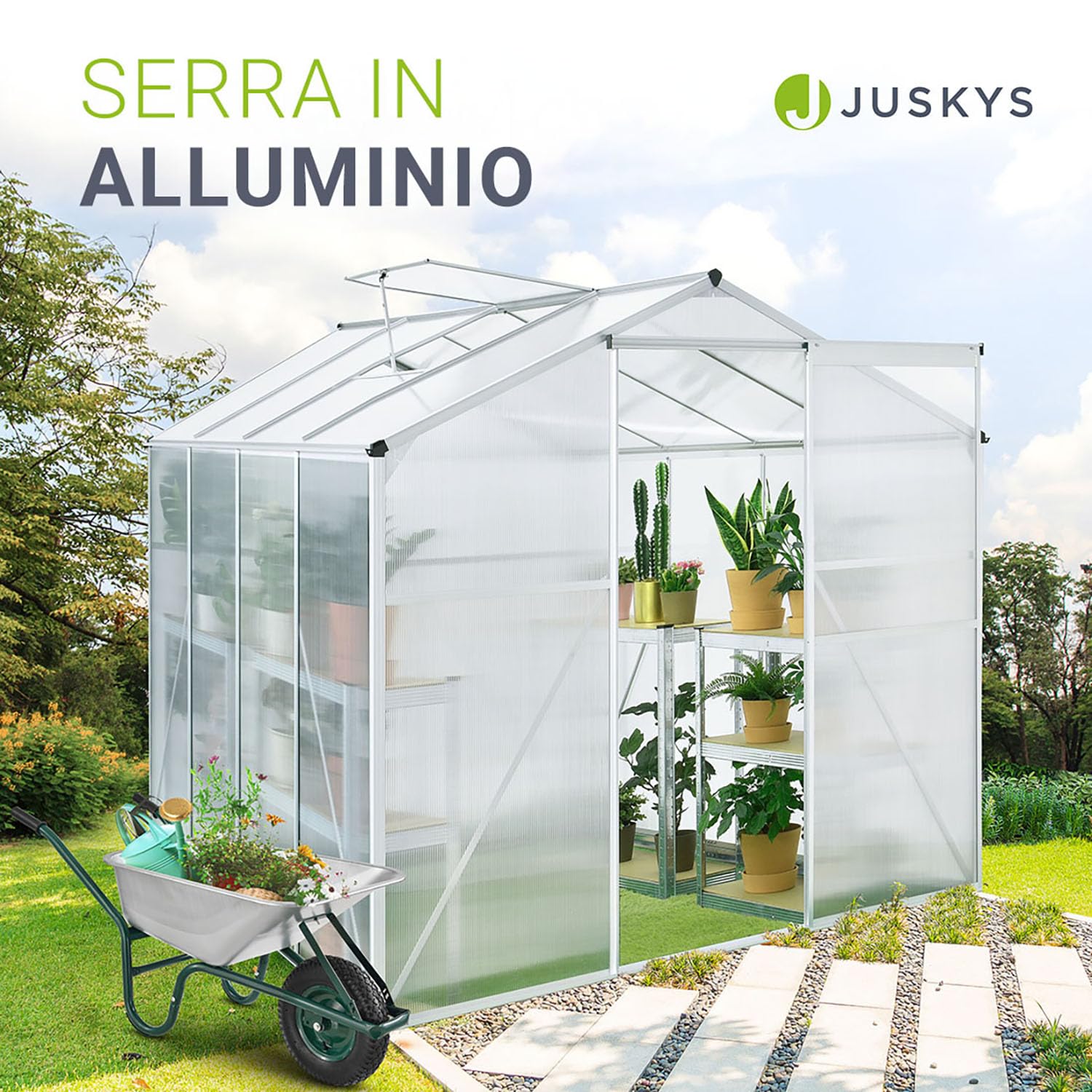 Juskys Serra in alluminio con fondazione 4,75 mq - 190 × 253 cm - 1 finestra sul tetto e porta scorrevole - pannelli da 4 mm - serra da giardino per piante