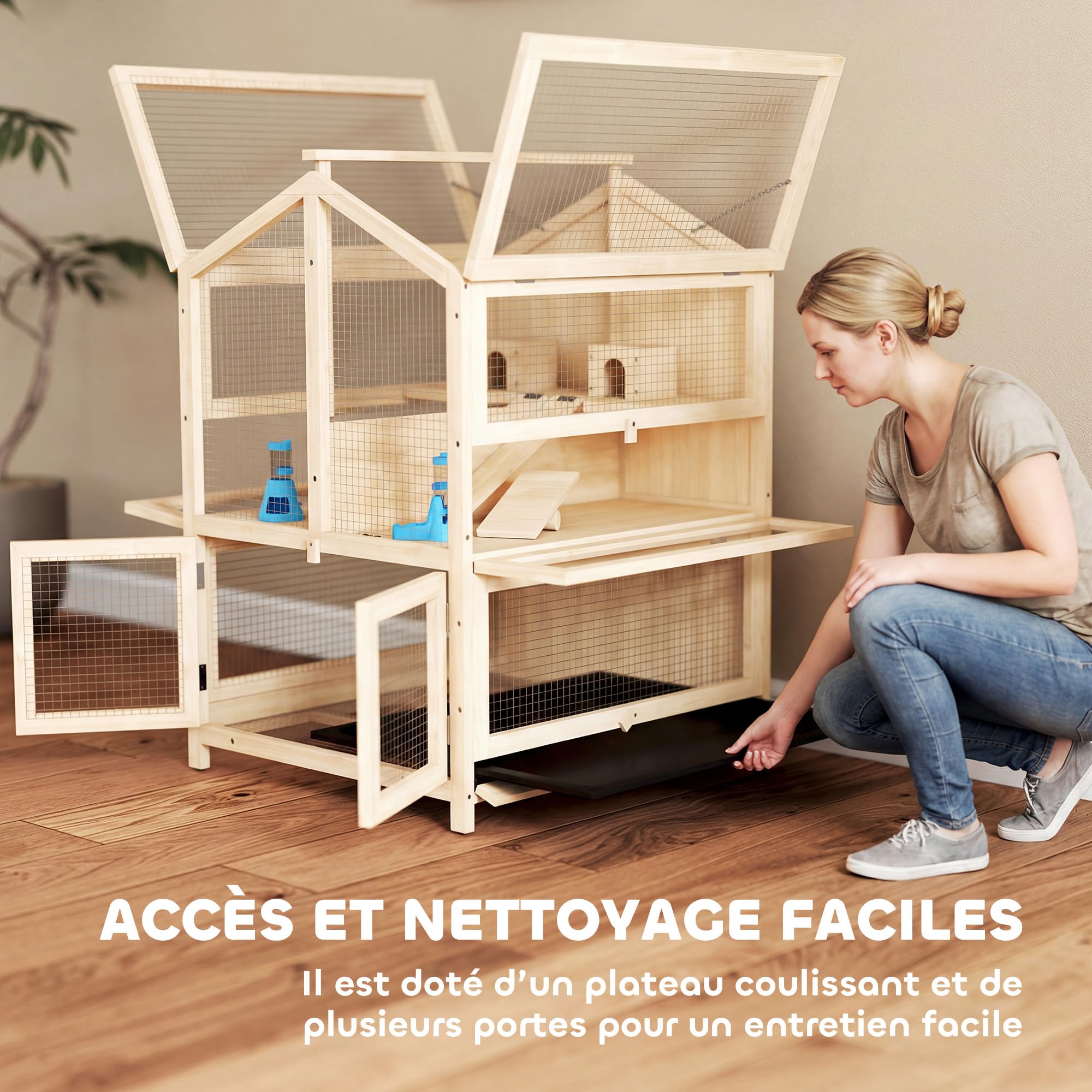 Pawhut Criceto a 3 piani in legno, vassoio rimovibile, 68 x 61,5 x 90 cm, naturale | Habitat per roditori, dondolo, bottiglia d'acqua, finestra, capanna, coperchio apribile, per piccoli animali