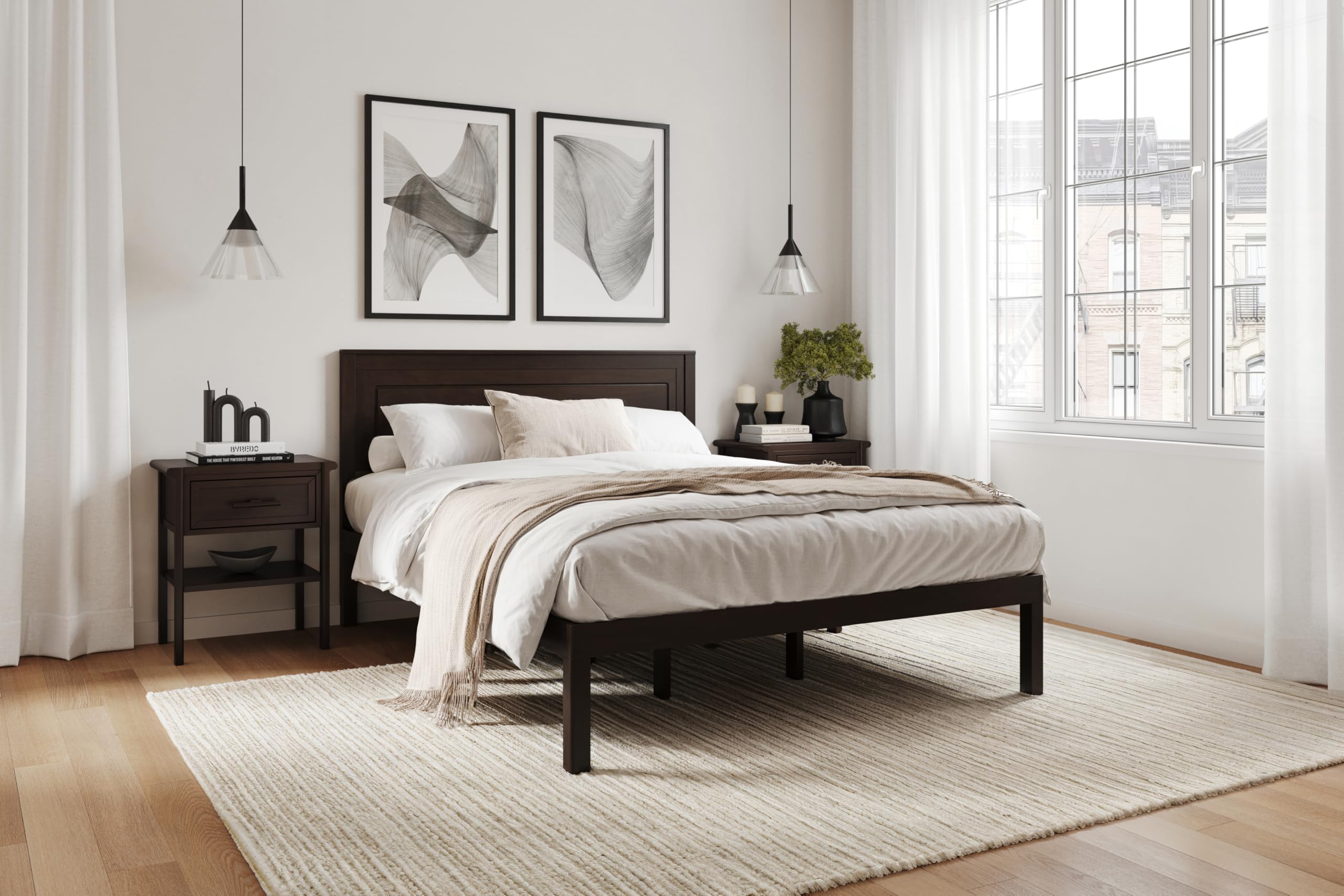 Arlo Belle Solid Wood Queen Bed Frame with Headboard – Sturdy, No Box Spring Needed, Non-Slip Slats, Noise-Free, Underbed Storage, Easy Assembly (