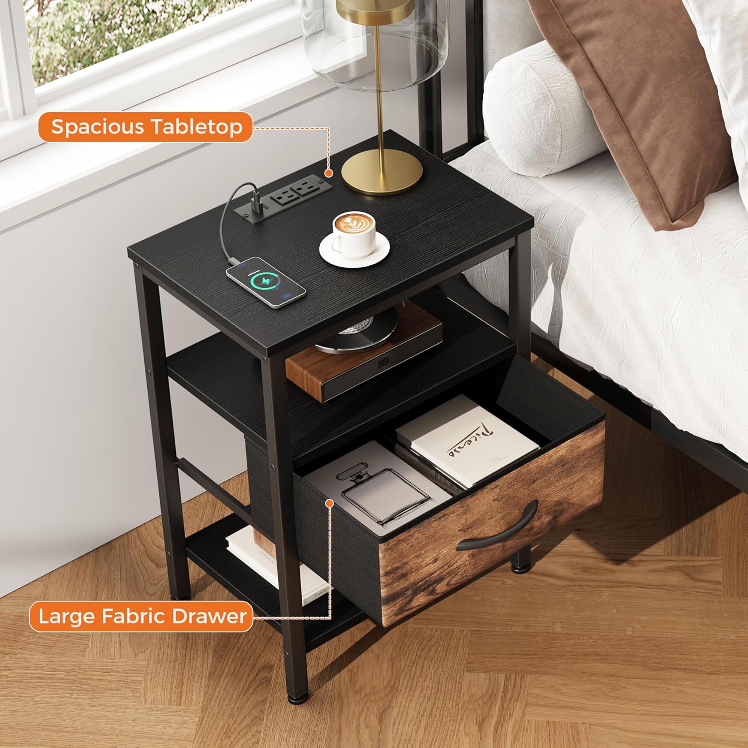 DUMOS Bedside Table with Charging Station and Adjustable Fabric Drawer Compact Nightstand 3-Tier Storage Organizer End Table for Bedroom,Black and Brown