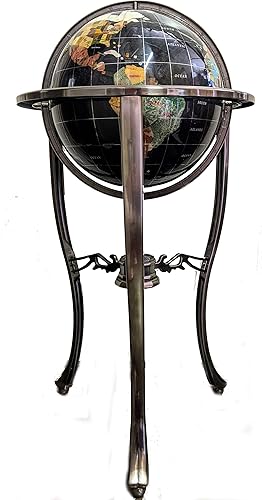 Miniatura 2 de Unique Art Since 1996 - Globo del mundo de piedras preciosas de pie con forma de remolino de perlas negras con trípode para piso, soporte de