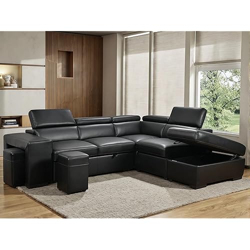 THSUPER 103'' Breather Leather L Shaped Sectional Sleeper Sofa with Pull Out Bed and Storage Ottoman, Convertible Couches with Adjustable Headrest and Two Stools, Comfy Sofas for Living Room, Black