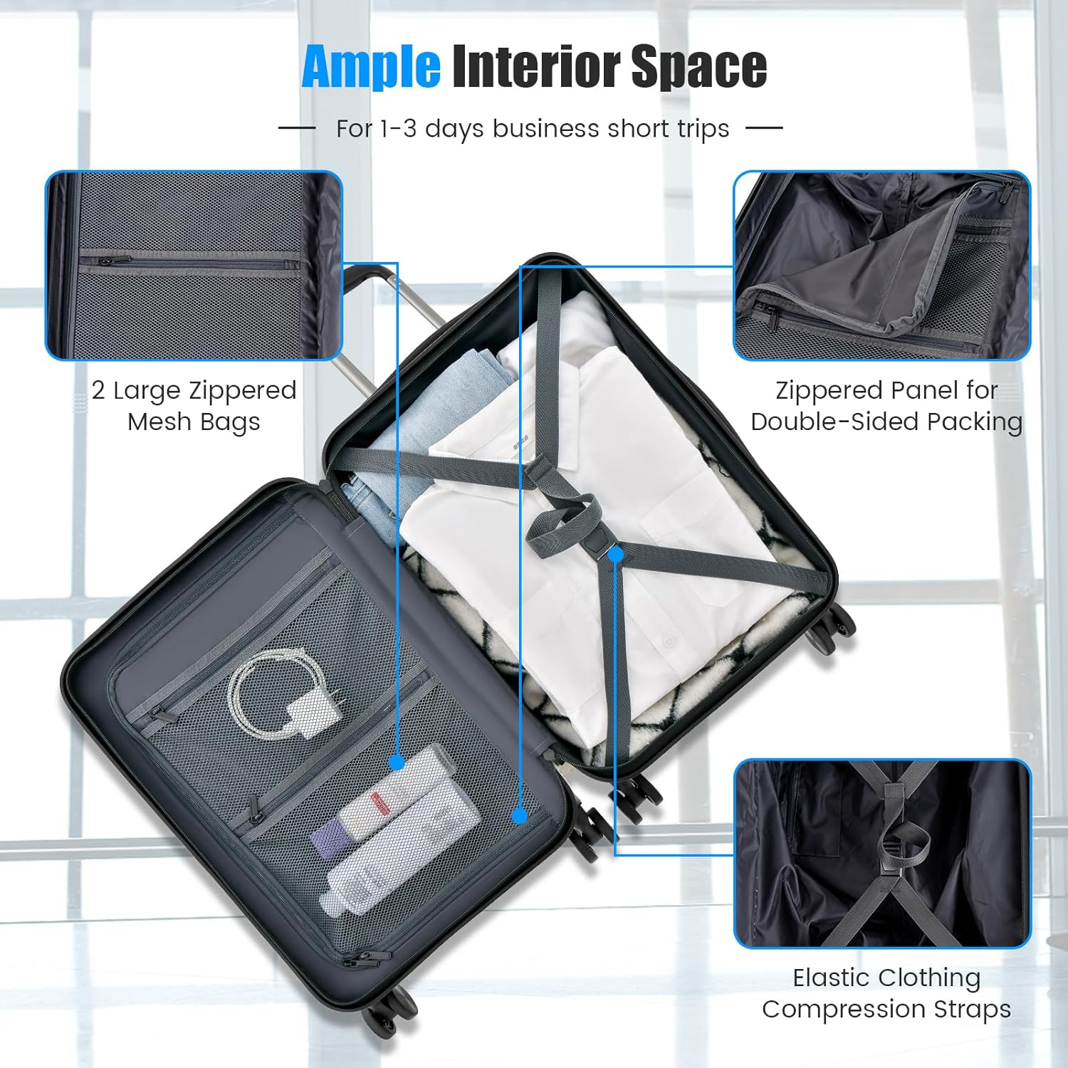 Interior view of the Goplus luggage showing elastic clothing compression straps, two large zippered mesh bags, and a zippered panel for organized packing.