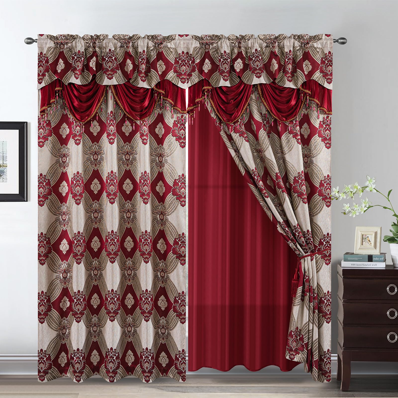 Petrichor Elegant Curtains with Gold Silver Threads 2 Panels Set - Luxury Window Treatment Attached Valance, Sheer Backing, and 2 Tie Backs for