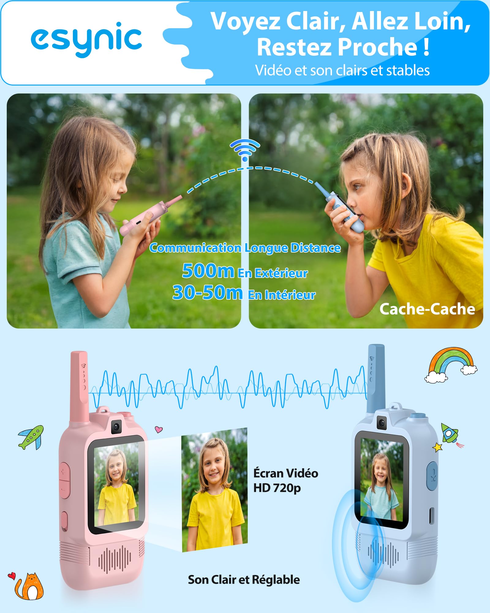 eSynic Talkie Walkie Enfants Double Caméra Appels Vidéo Portée 500m Rechargeable Rose+Bleu