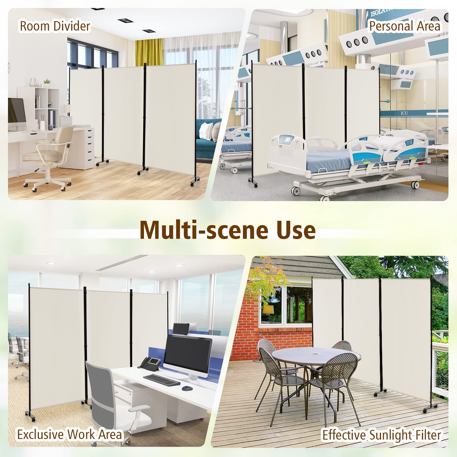 GIANTEX Biombo Plegable con Ruedas, Separador de Privacidad 3 Paneles, 262 x 180 cm, Divisor de Habitación Independiente con Patas Anchas, Pantalla de Tela para Protección Privada (Beige)