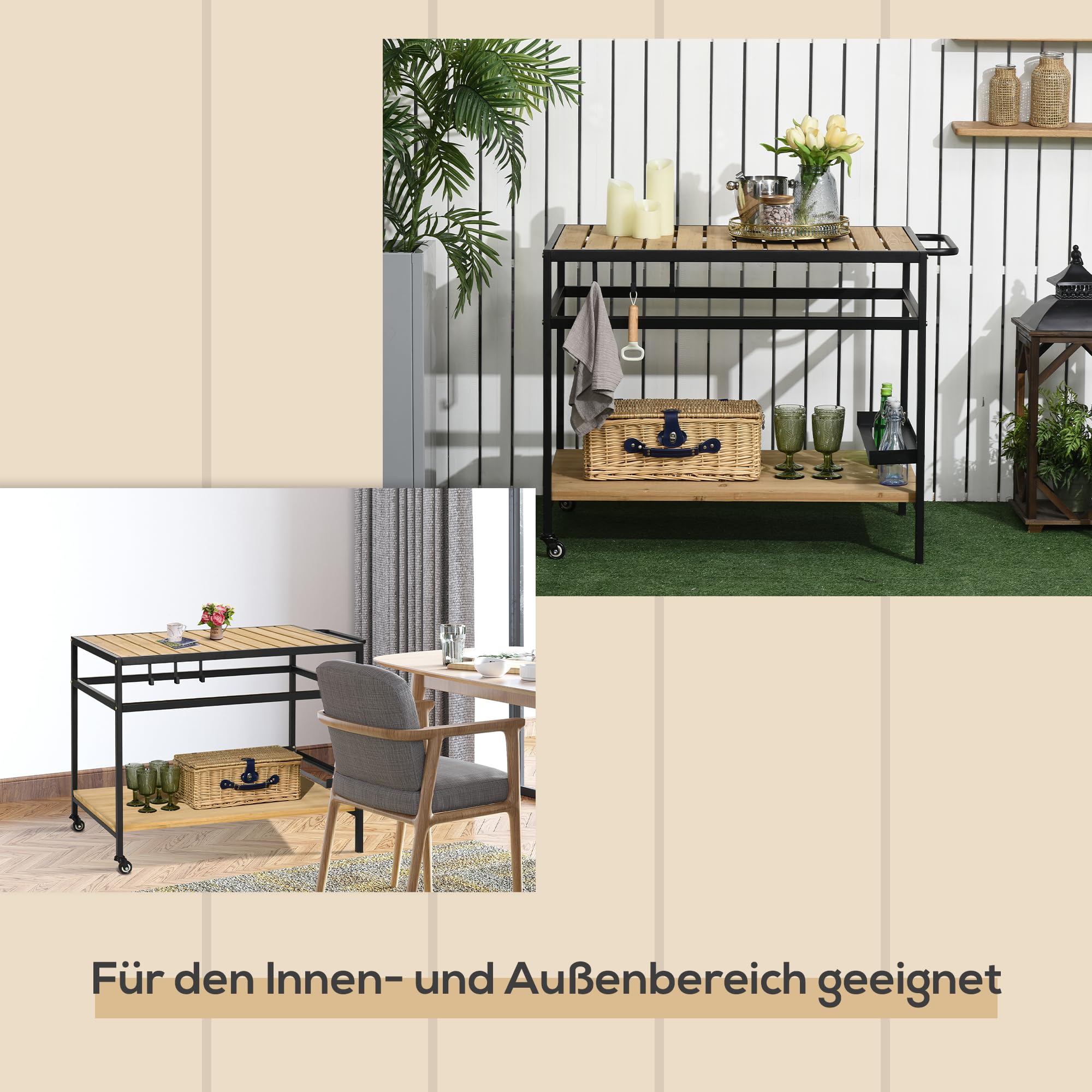 Outsunny Servierwagen, Gartenrollwagen mit Haken, Barbecue Trolley mit 2 Regalen, Outdoor Multifunktionstisch mit Rollen, für Garten, Balkon, 107 x 65 x 80cm, Natur