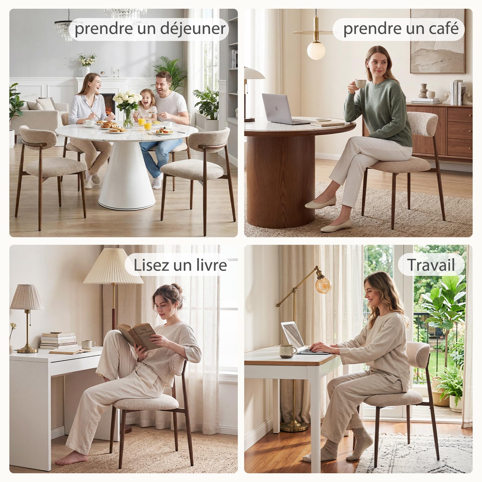 Lot de 4 Chaises de Salle à Manger, Chaises de Cuisine en Tissu Chenille, Fauteuil Salon Rembourrée avec Cadre en Métal en Noyer pour Salle à Manger Salon Cuisine Terrasse, Camel