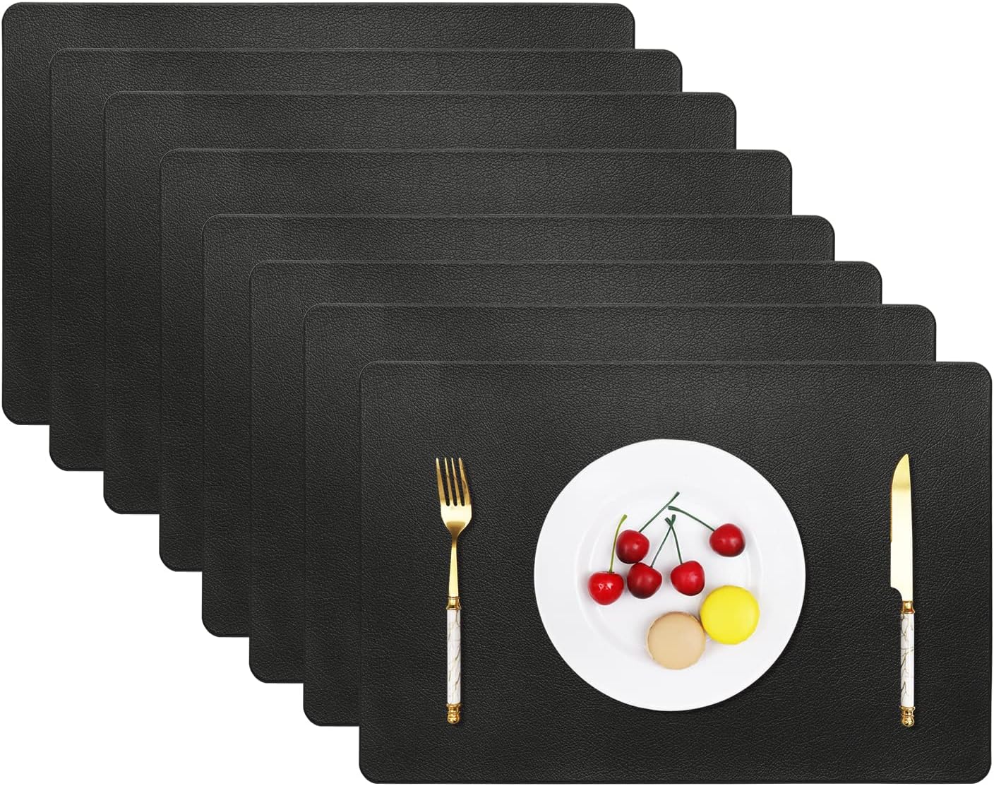 Vinjiasin Black Leather Placemats for Dining Table Set of 8 Waterproof Wipeable Place Mats Heat Resistant Indoor Outdoor Kitchen Table Mats Easy to Clean Sturdy 8Pcs Black