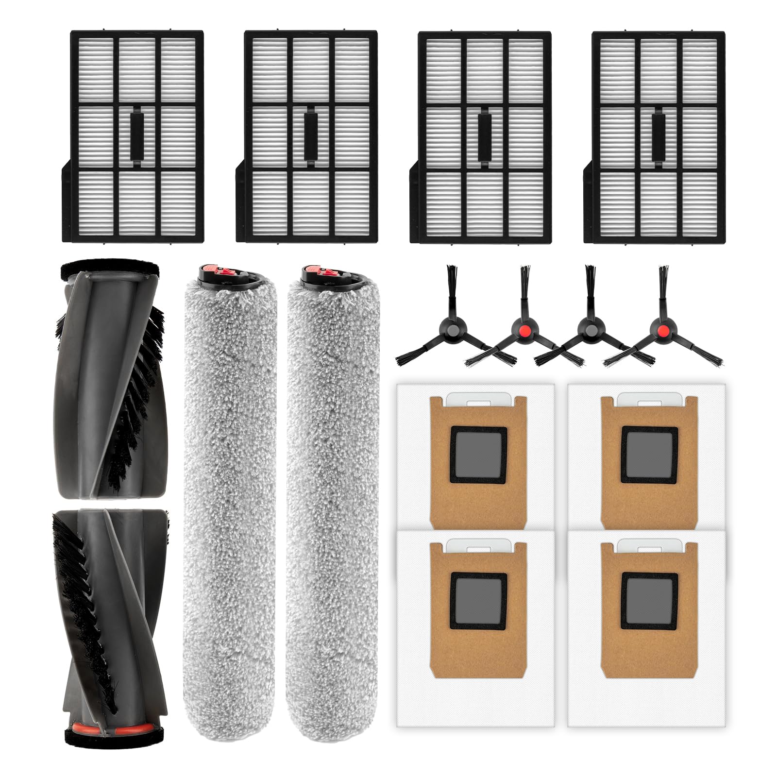 Paquete de 16 piezas de repuesto E28 E25 Omni compatibles con aspiradora robótica Eufy E28 Omni/E25 Omni, 2 cepillos de rodillo, 2 rodillos de cepillo, 4 cepillos laterales, 4 filtros HEPA, 4 bolsas