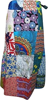 Mogul Interior Women's Patchwork Midi Skirt Multicolor Handmade Cotton Wrap Skirt
