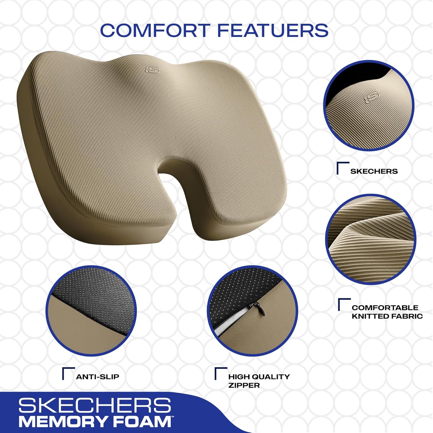 Skechers Memory Foam Lumbar Pillow and Seat Cushion,Lumbar Support Pillow for Office, Chair Lower Back Pain Relief Lumbar Pillow, Ergonomic Back Support Pillow for Office Chair, Car,Travel,Beige