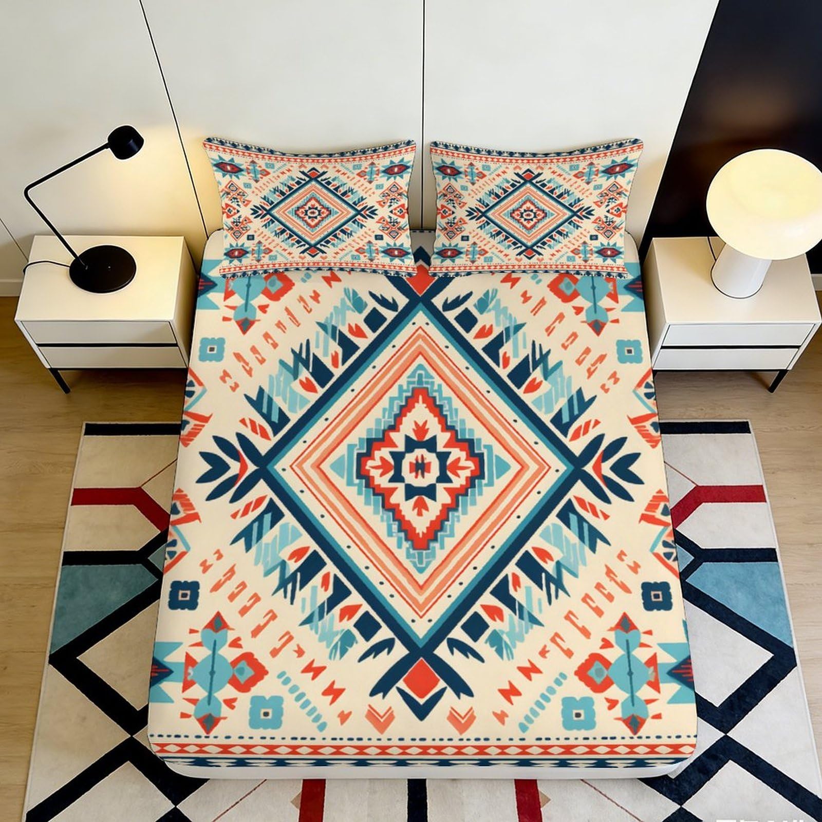 3D Printed Geometric Microfiber Fitted Sheet Non-Slip Deep Pocket Ethnic Pattern Mattress Fitted Cover for Home Bedroom 140x200x25cm