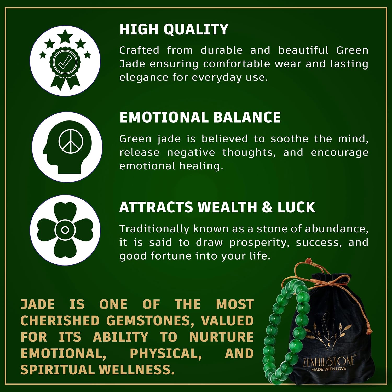 Green Jade Bracelet for Women & Men - Genuine Jade Stone Lucky Wealth Bracelet - Healing Crystal for Abundance, Harmony & Good Fortune - Adjustable Spiritual Jewelry Gift for Birthdays