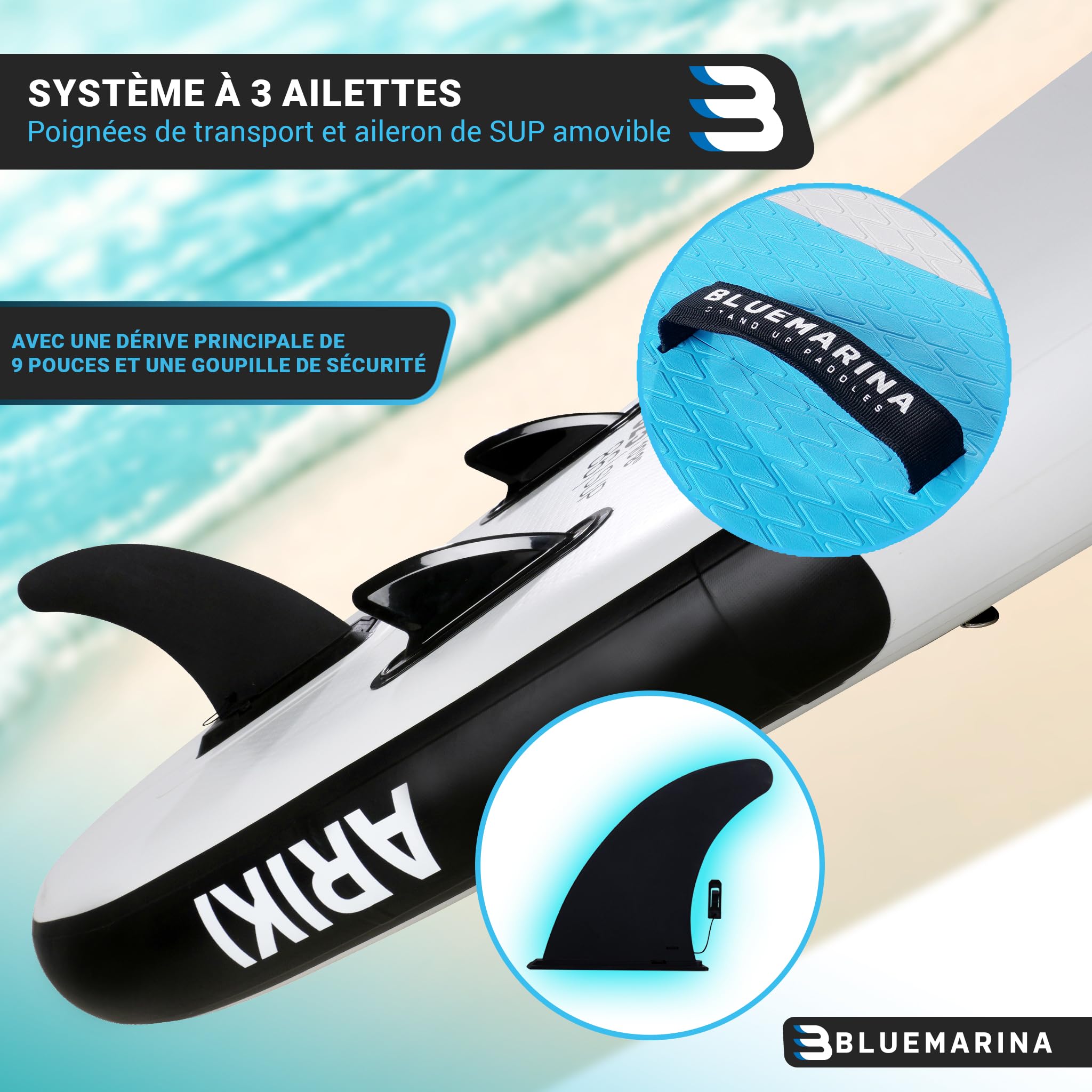 Bluemarina Planche de Stand Up Paddle Ariki Gonflable - Garantie DE 5 Ans - capacité de Charge jusqu'à 140 kg - Accessoires Inclus - 230x65x10 cm - 325x86x15 cm