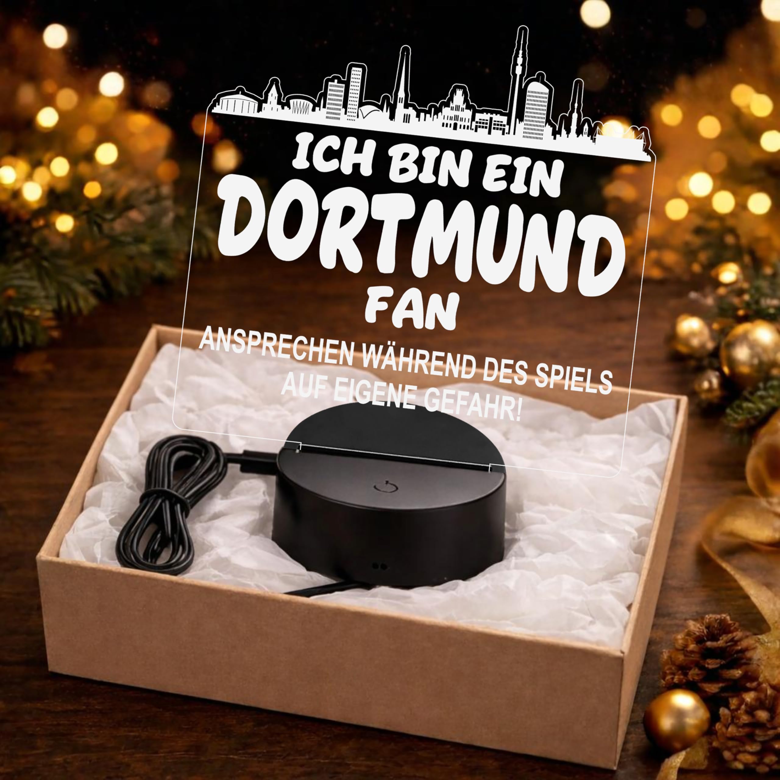 Lieblingsmensch Dortmund Fan Fußball LED Nachtlicht – 3D Skyline Design „Ansprechen auf eigene Gefahr“ – RGB Farbwechsel mit Fernbedienung & Touch – Stimmungslicht für die Man Cave – 19x23cm