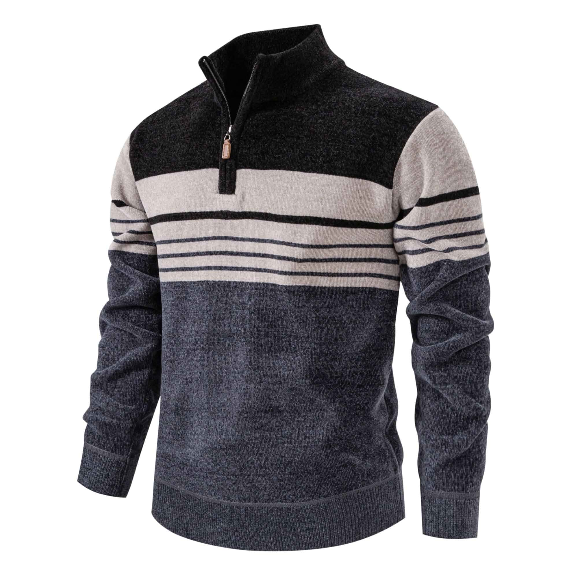 Mens Quarter Zip Pullover Mock Neck Slim Fit Striped Knit Sweaters Casual Fall Winter Lightweight Polo Sweater Striped