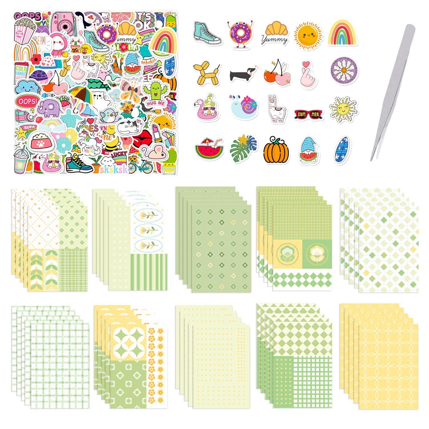RNSKFG 100 Pieces Of Color Cute Stickers, 50 Pieces Of Material Paper, 1 Piece Of Tweezers, Waterproof Cartoon Stickers, Which Can Decorate Water Cups And Suitcases.